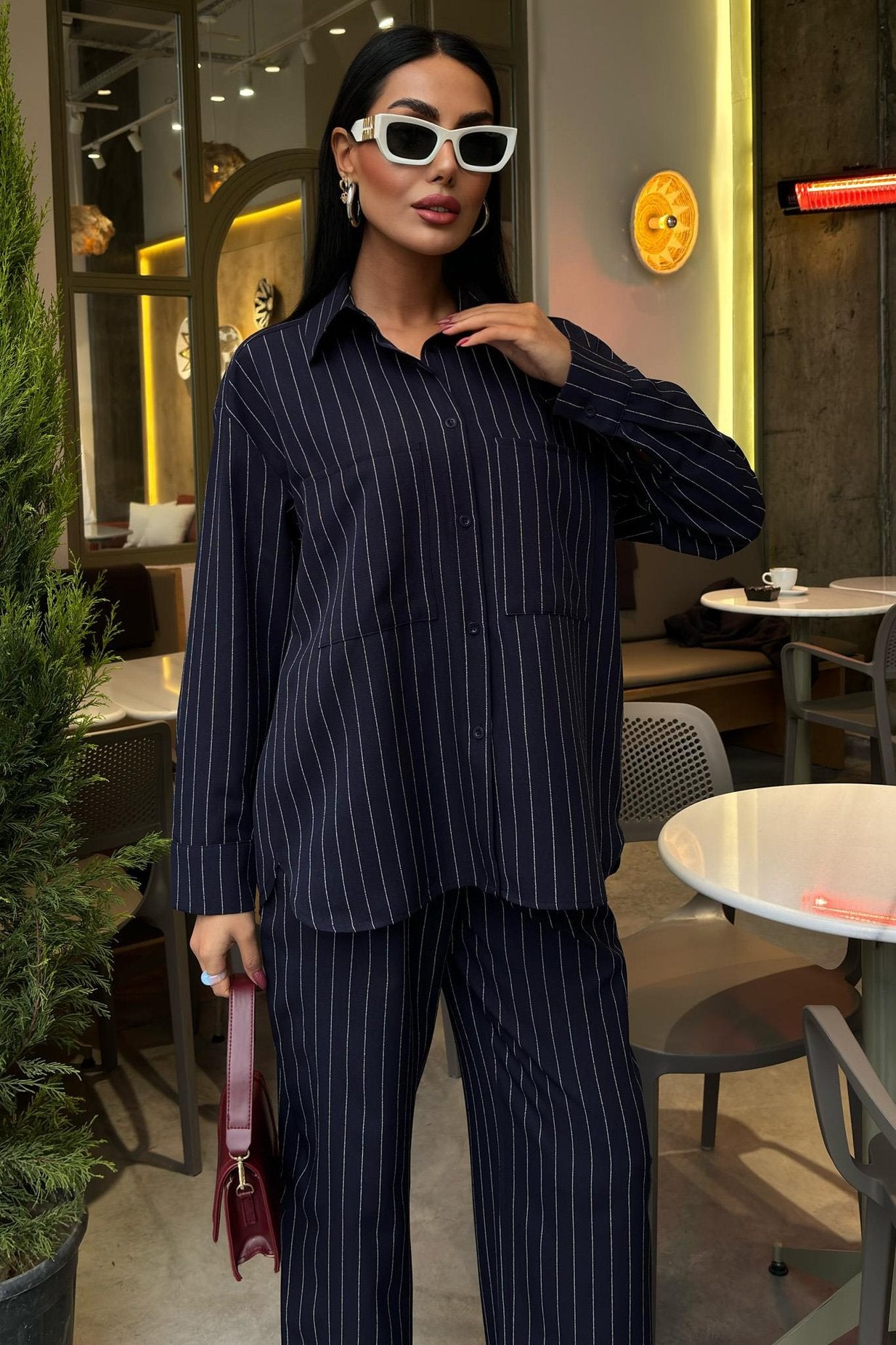 Striped Suit with Palazzo Pants Blue