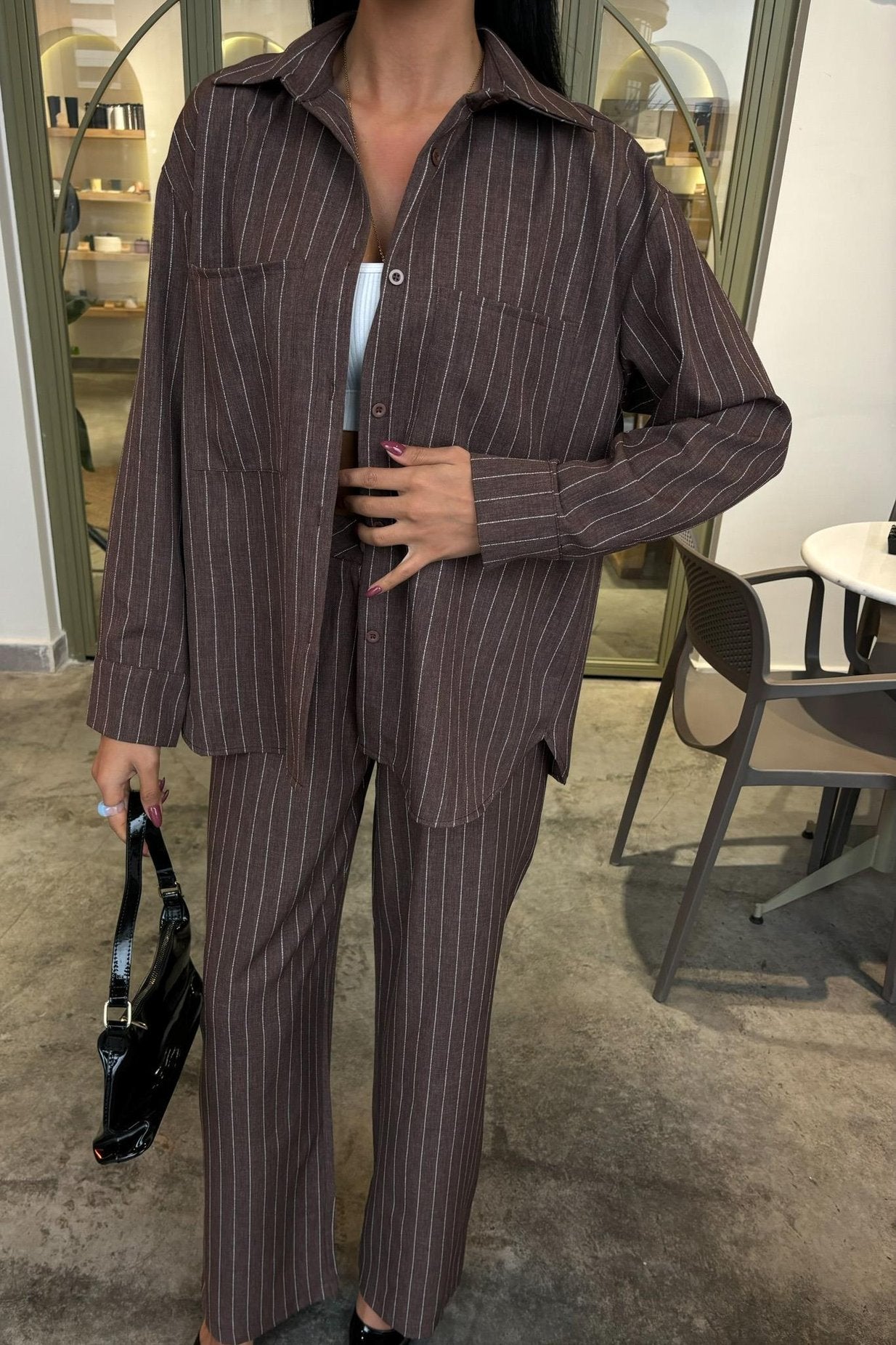 Striped Suit with Palazzo Pants Brown
