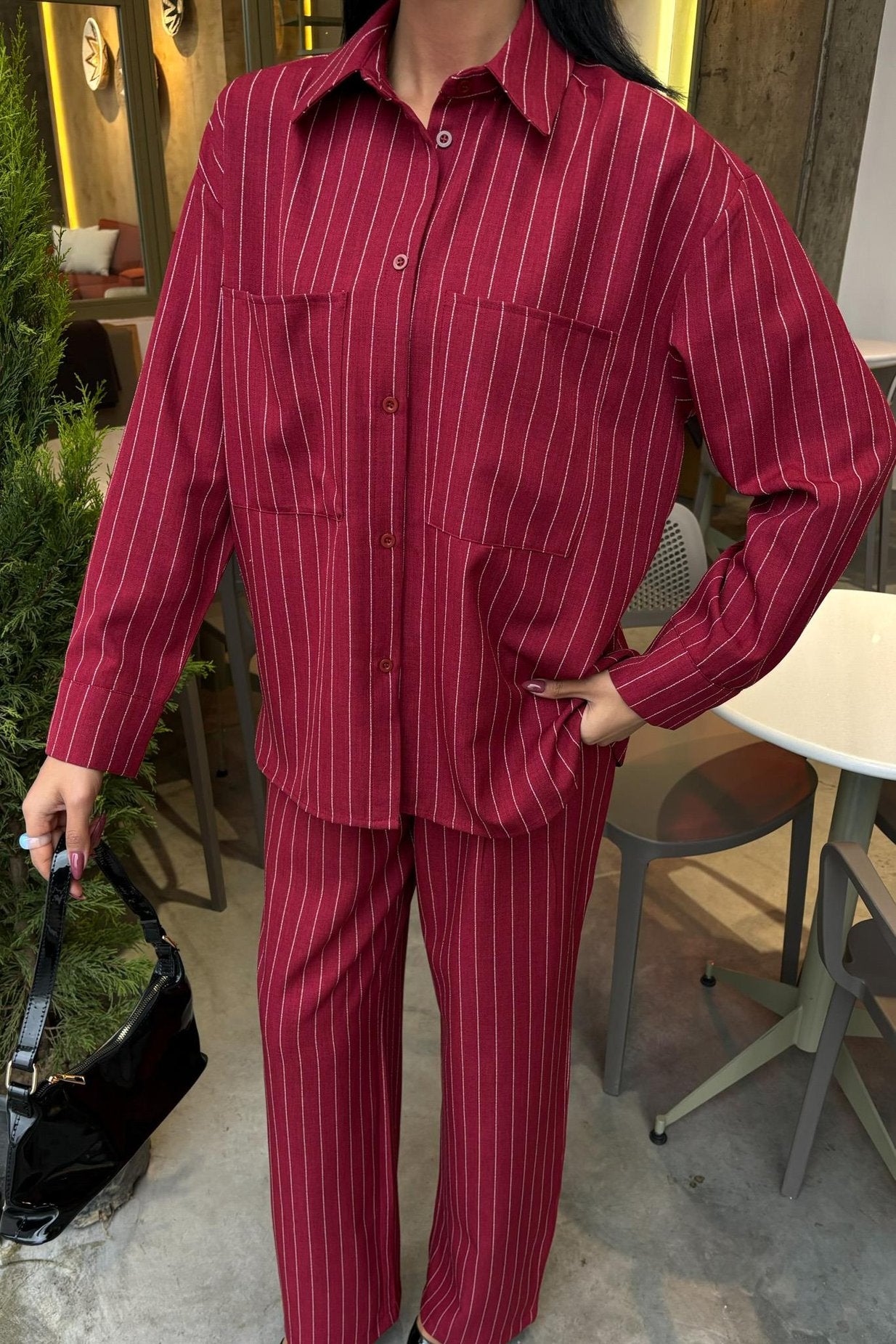 Striped Suit with Palazzo Pants Red