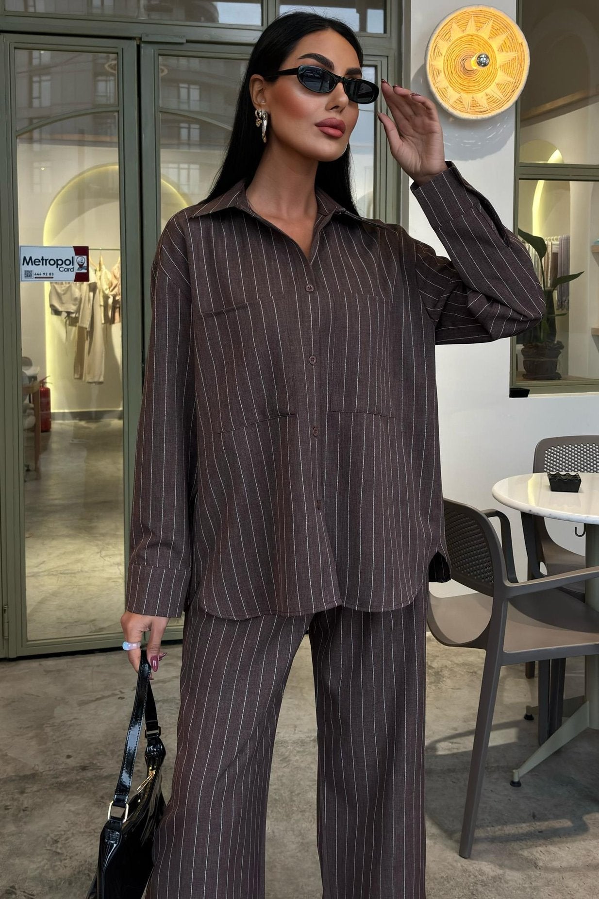 Striped Suit with Palazzo Pants Brown