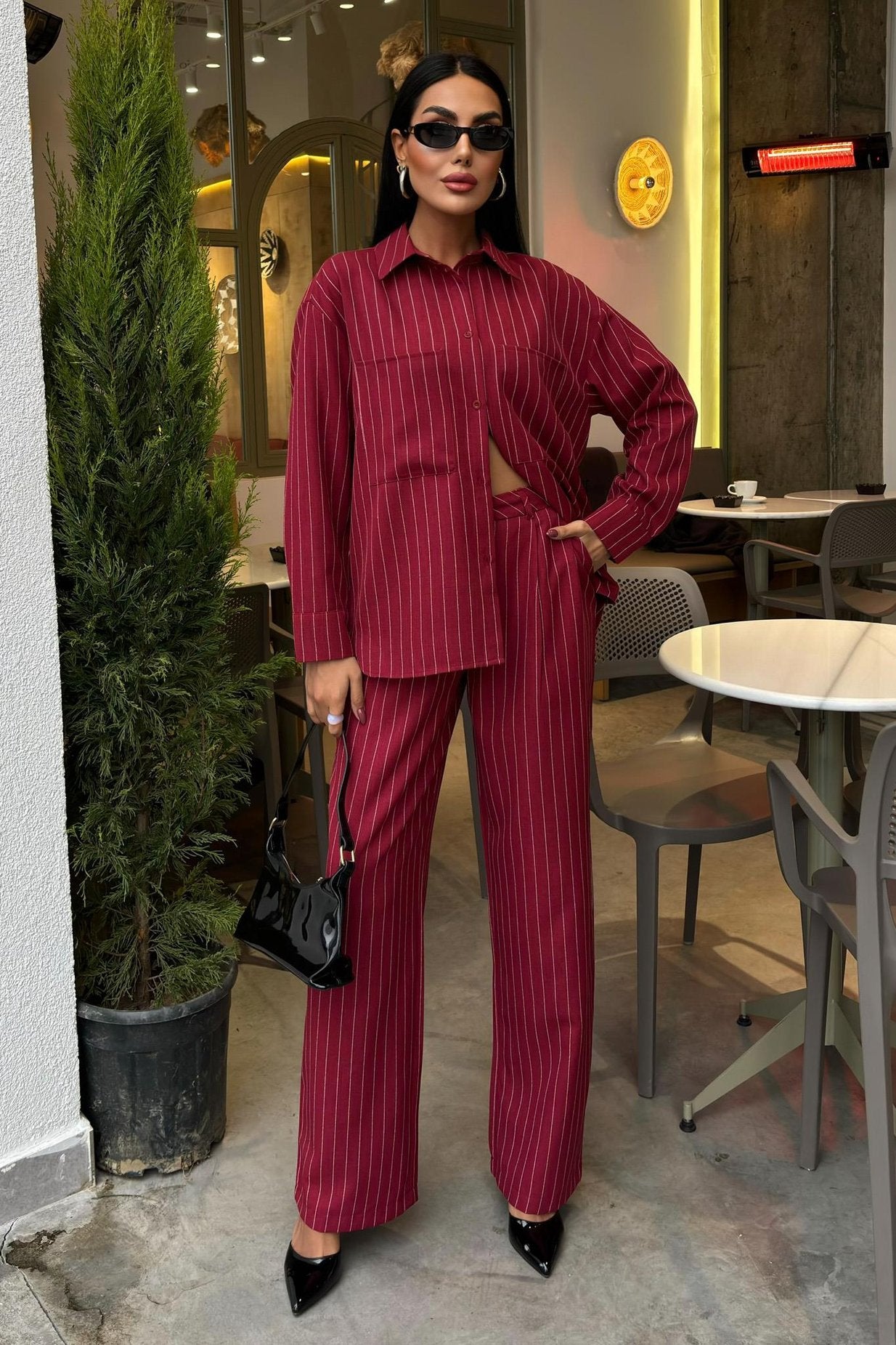 Striped Suit with Palazzo Pants Red
