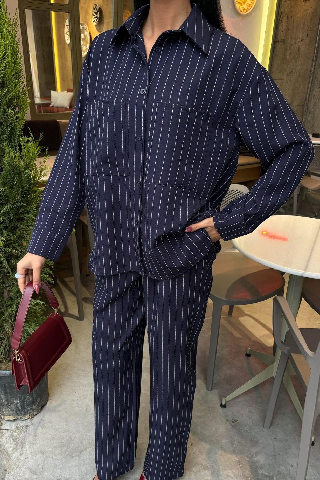 Striped Suit with Palazzo Pants Blue
