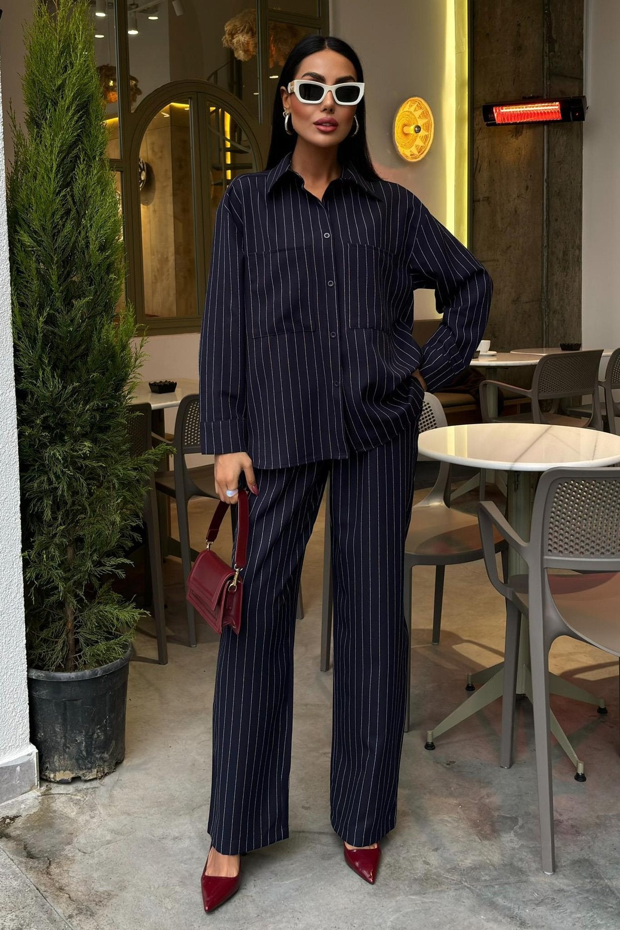 Striped Suit with Palazzo Pants Blue