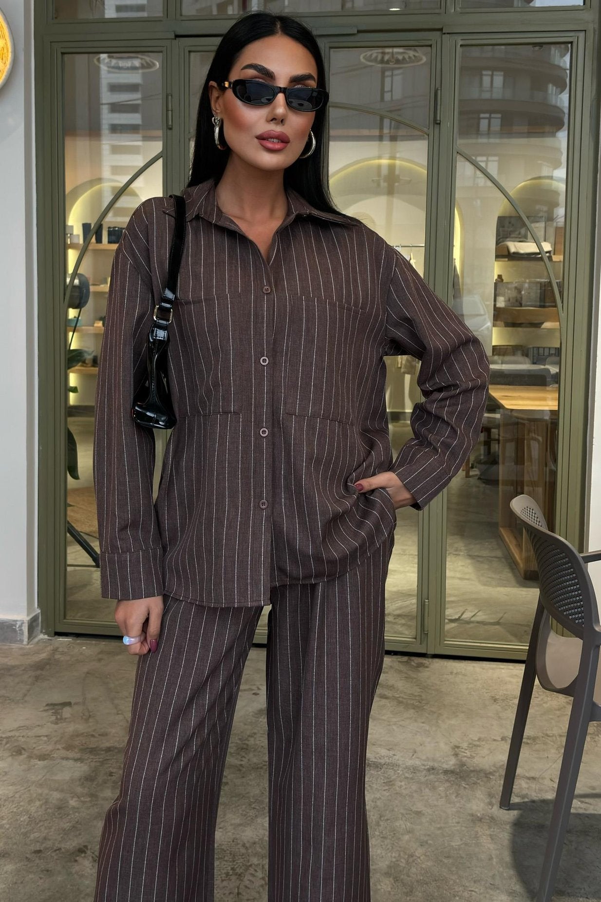 Striped Suit with Palazzo Pants Brown
