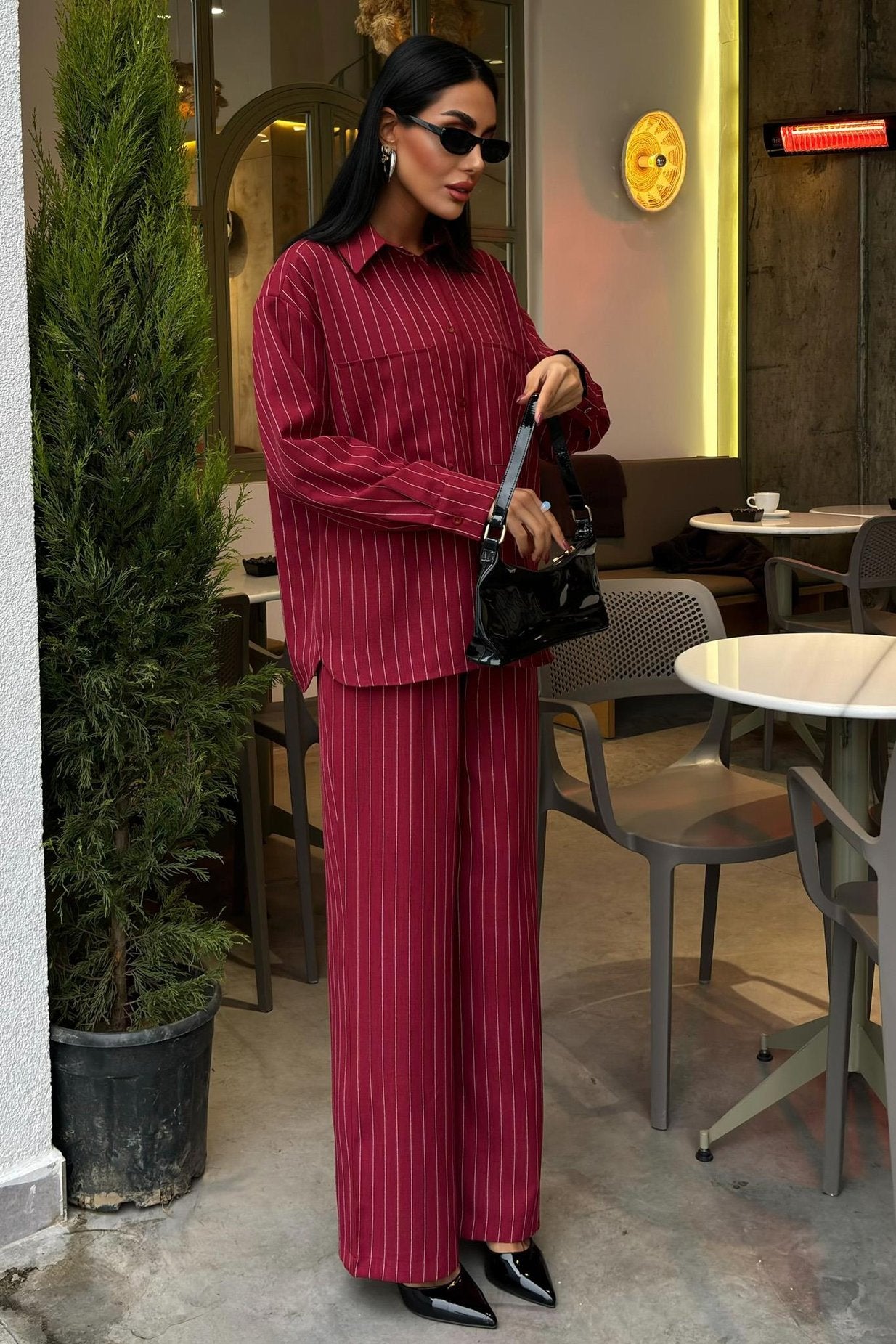 Striped Suit with Palazzo Pants Red