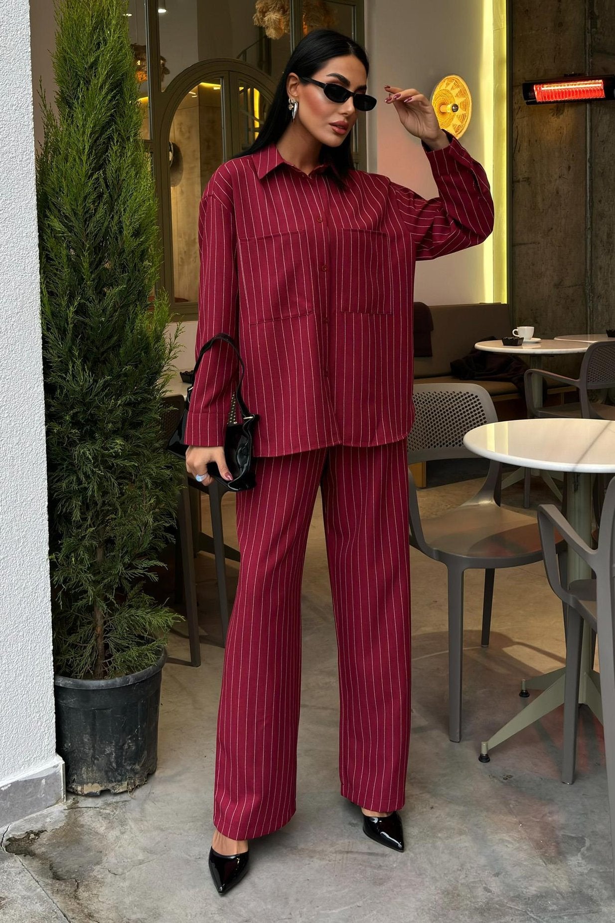 Striped Suit with Palazzo Pants Red