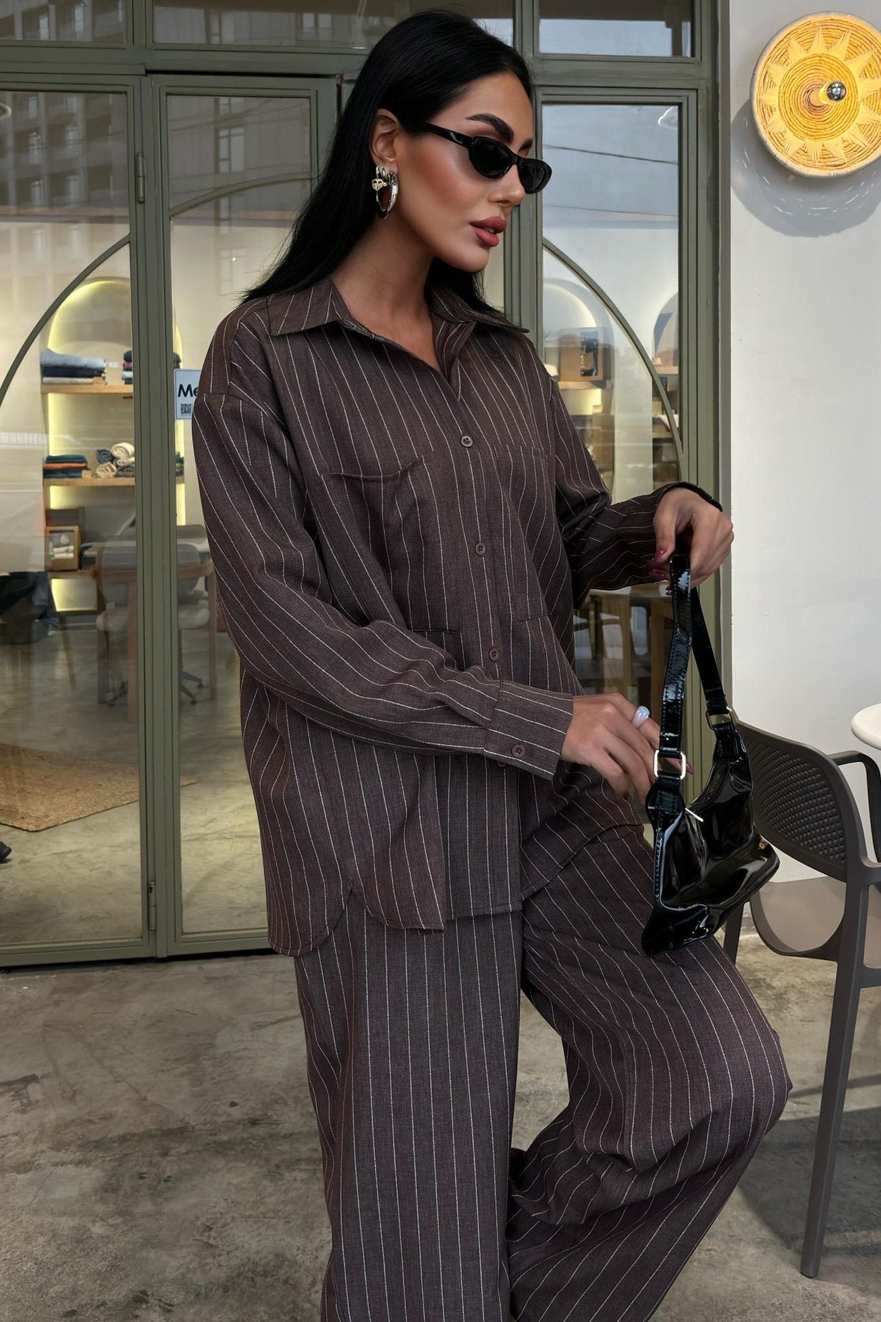 Striped Suit with Palazzo Pants Brown