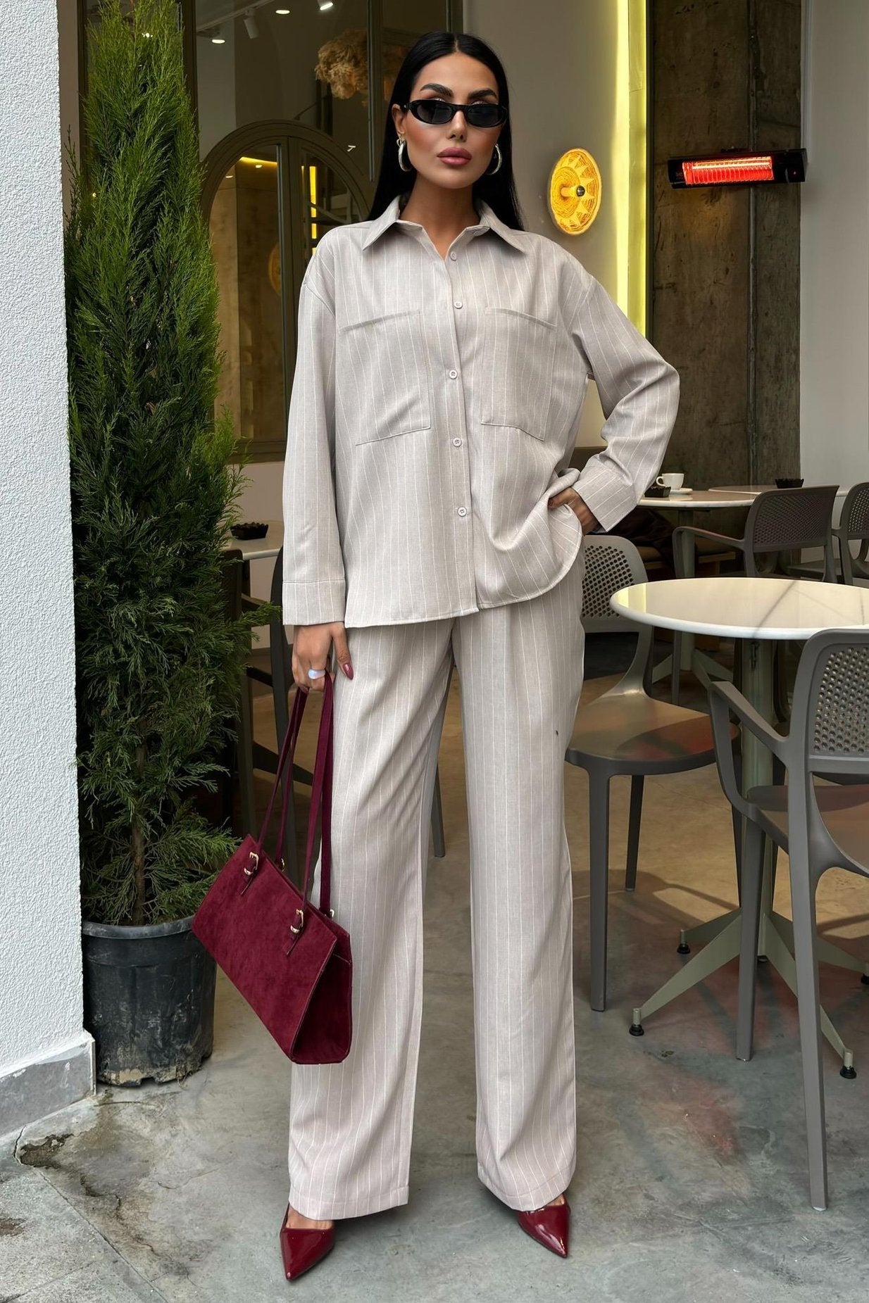 Striped Suit with Palazzo Pants silver