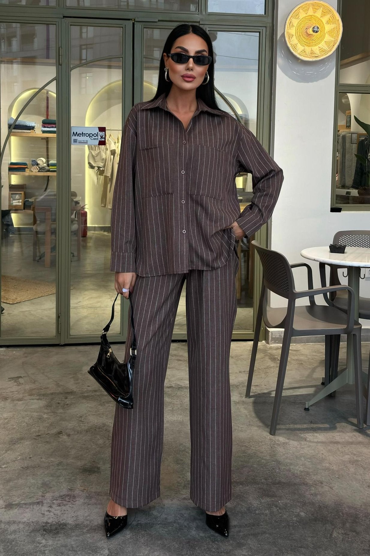 Striped Suit with Palazzo Pants Brown