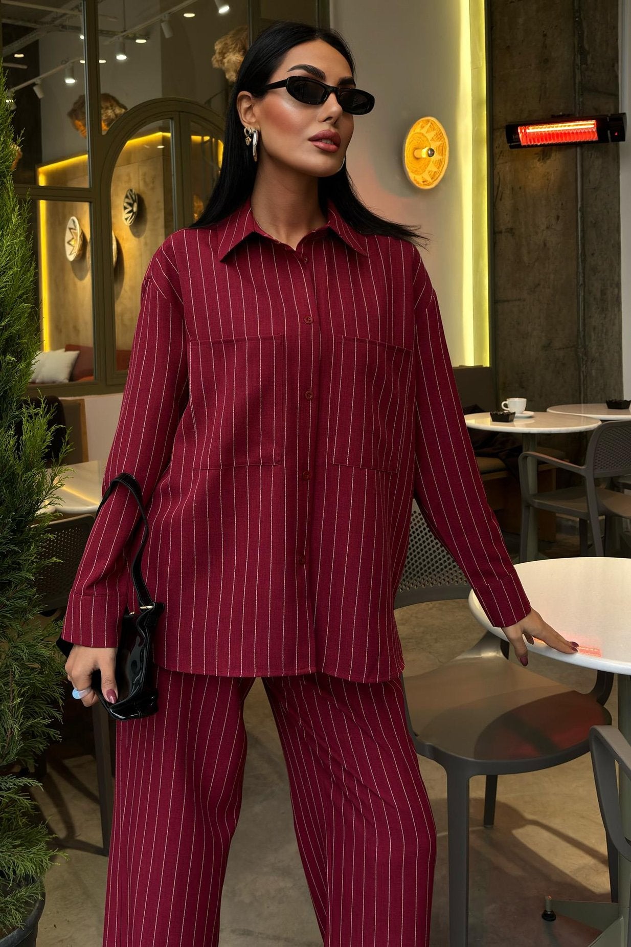 Striped Suit with Palazzo Pants Red