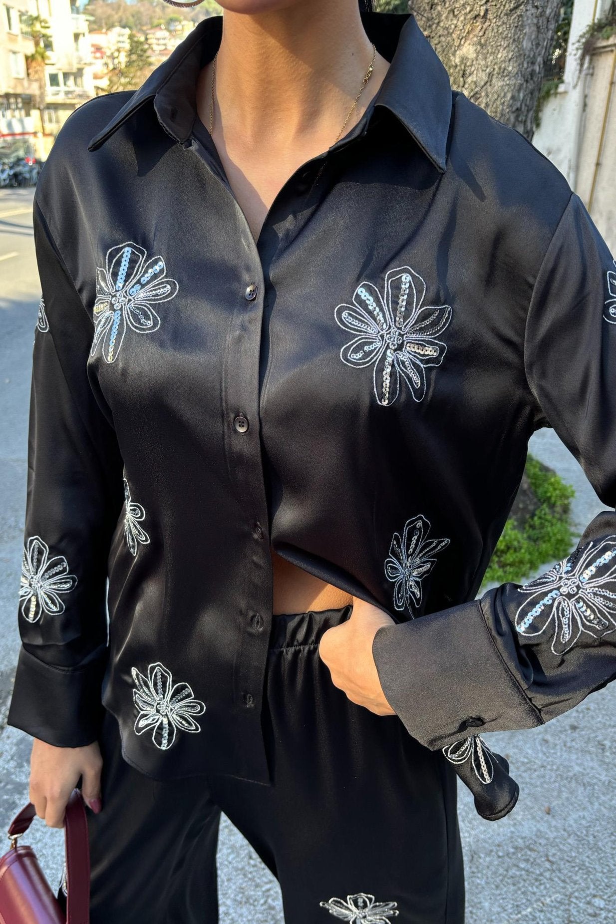 Sequined Glittery Floral Satin Two-Piece Suit Black