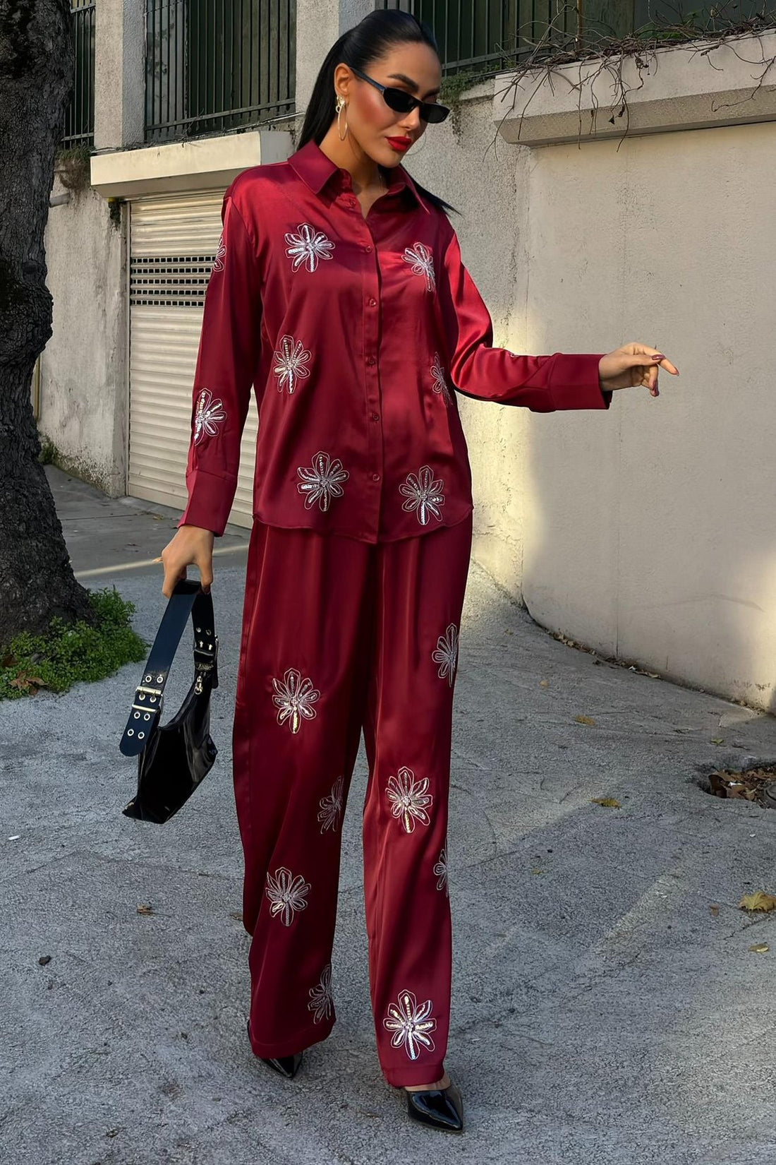 Sequined Glittery Floral Satin Two-Piece Suit Red