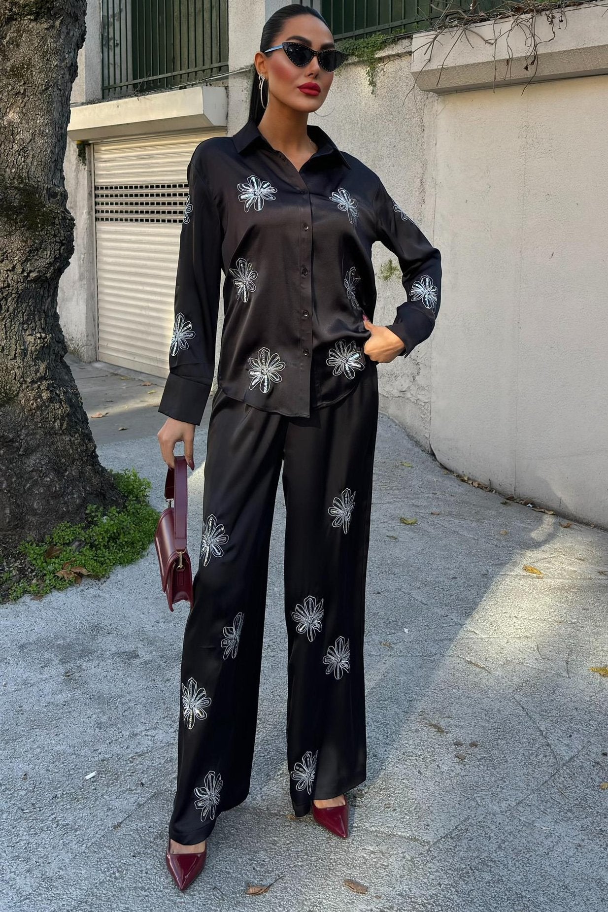 Sequined Glittery Floral Satin Two-Piece Suit Black