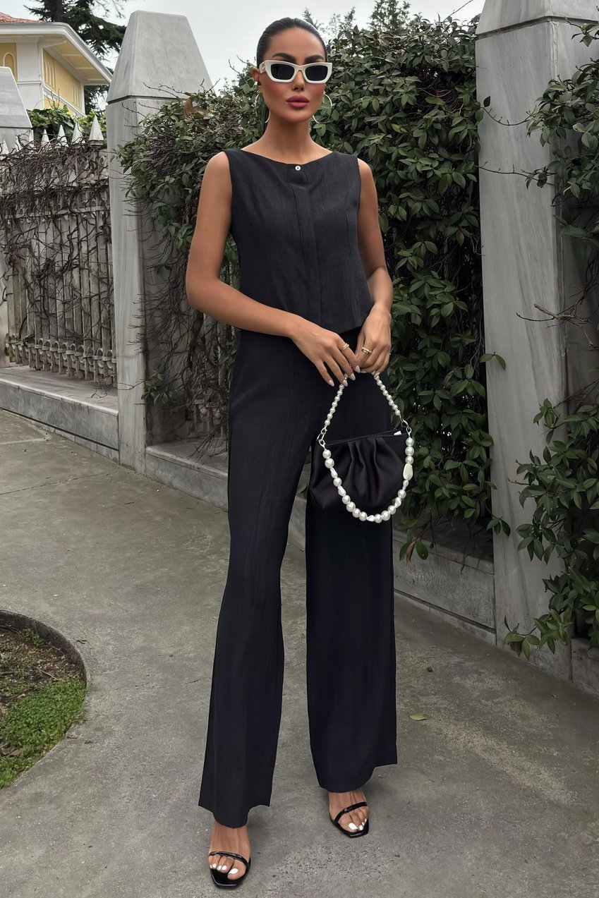 Zero Sleeve Blouse Batik Patterned Trousers Two Piece Set Black