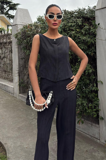 Zero Sleeve Blouse Batik Patterned Trousers Two Piece Set Black