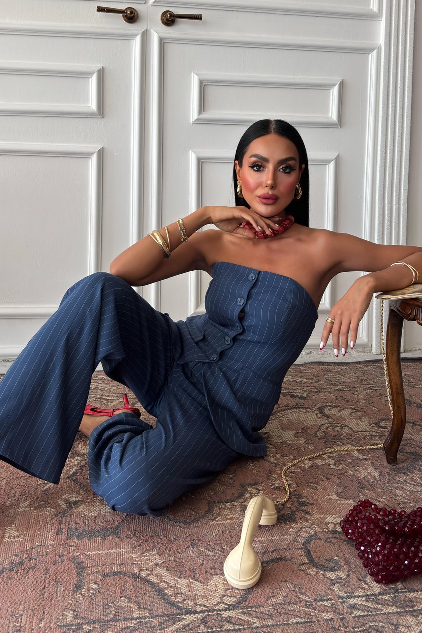 Striped Suit with Strapless Bustier and Plazzo Trousers