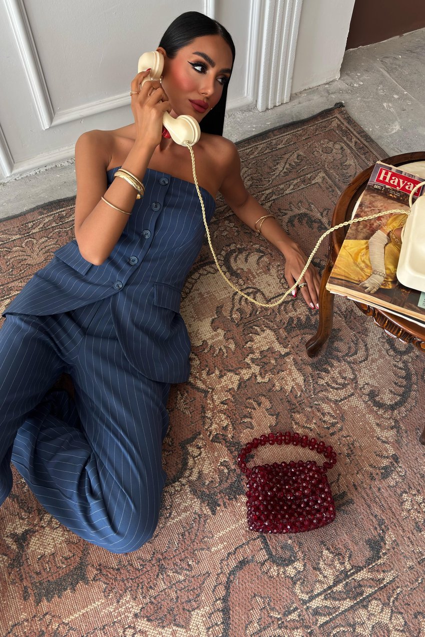 Striped Suit with Strapless Bustier and Plazzo Trousers