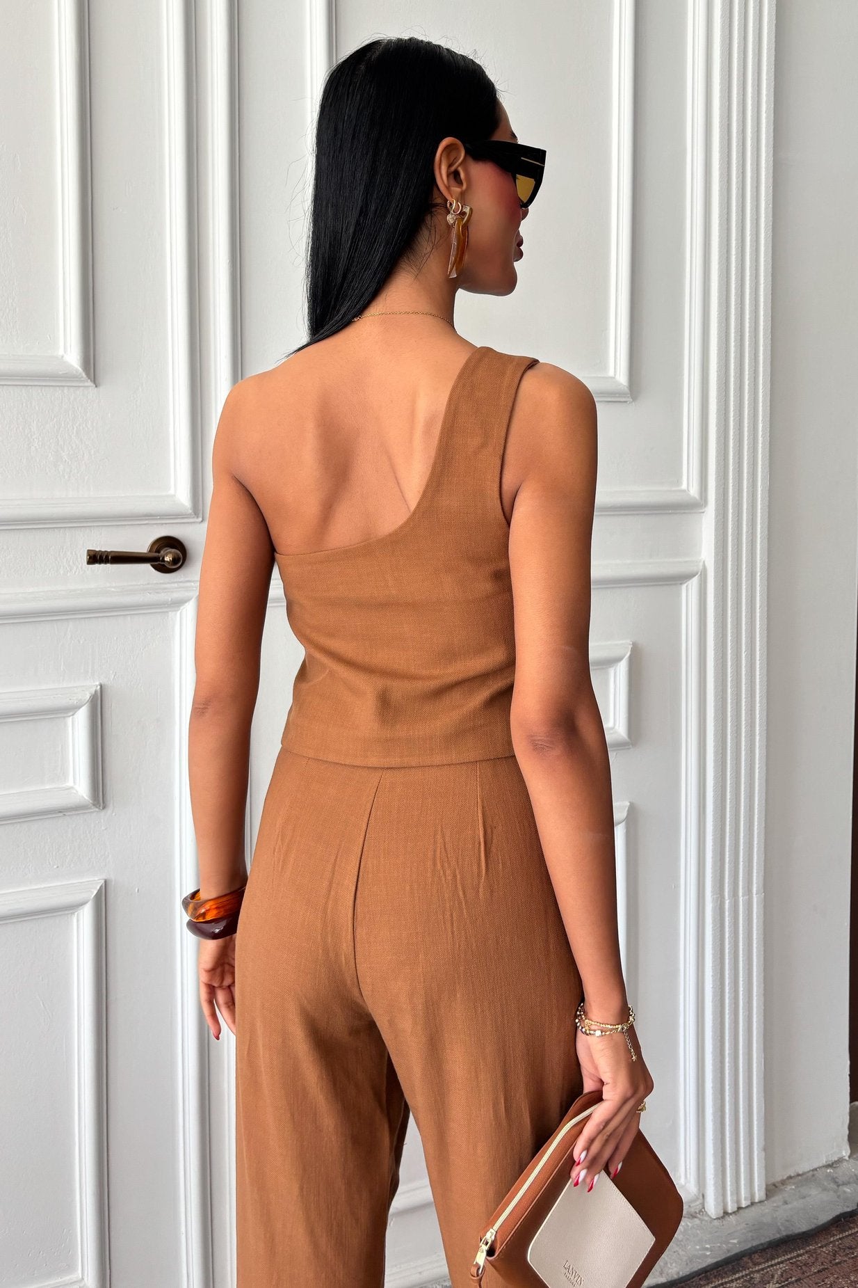 One Shoulder Bustier Plazzo Trousers Brown Viscose Suit