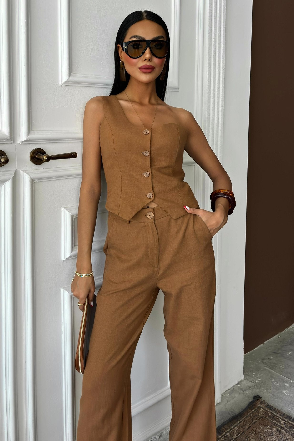 One Shoulder Bustier Plazzo Trousers Brown Viscose Suit