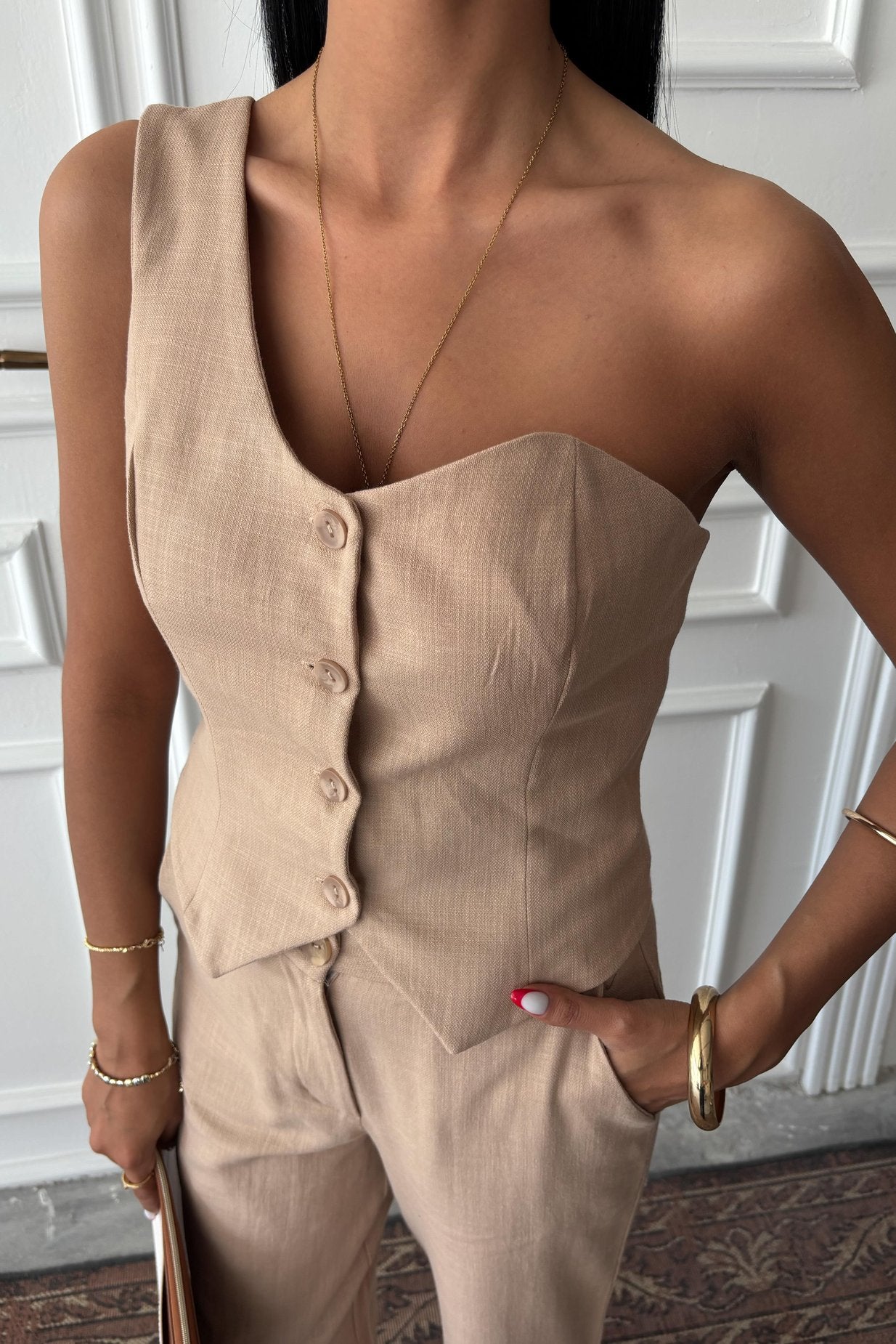 One Shoulder Bustier Plazzo Trousers Viscose Suit Beige