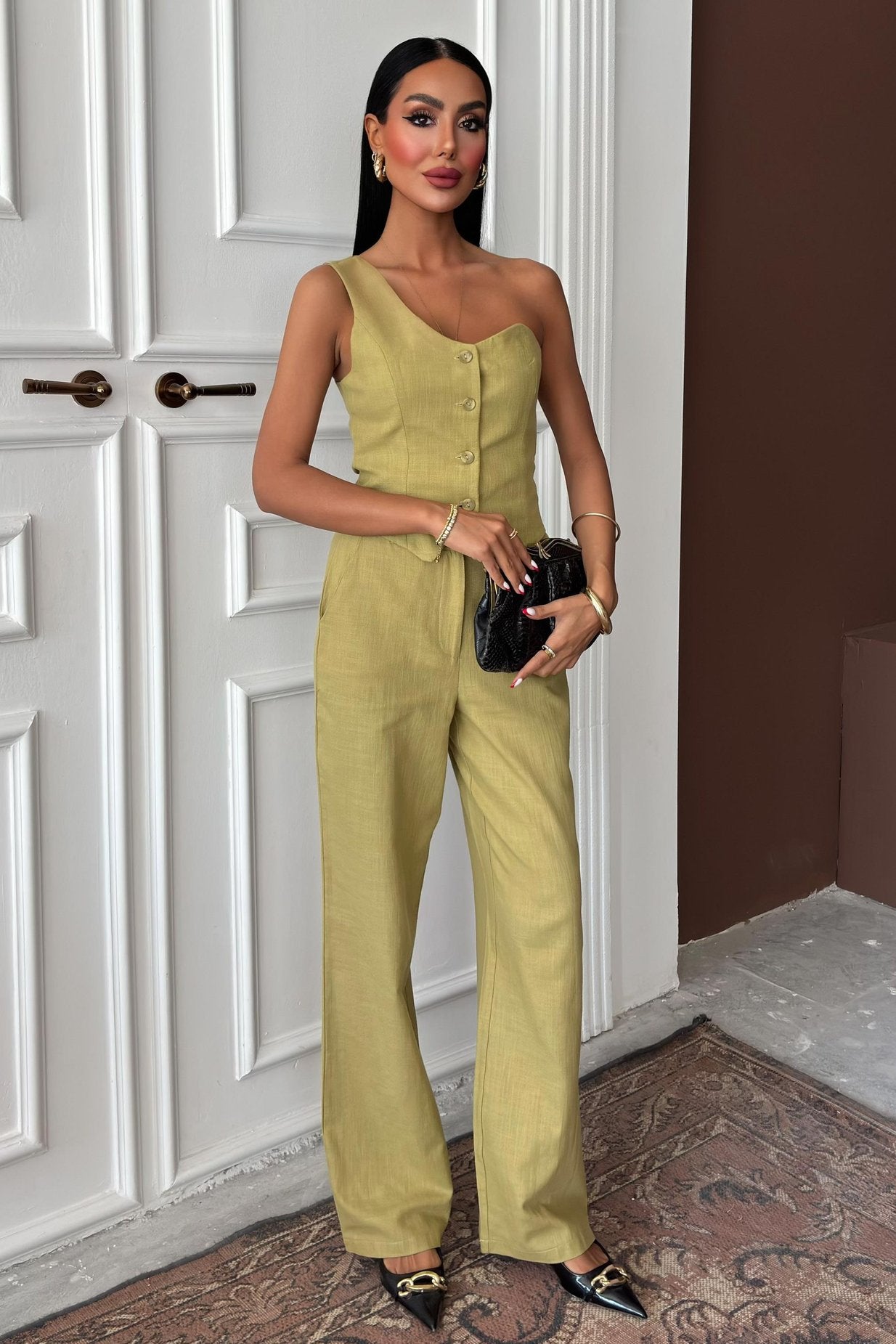 One Shoulder Bustier Plazzo Trousers Viscose Suit Green