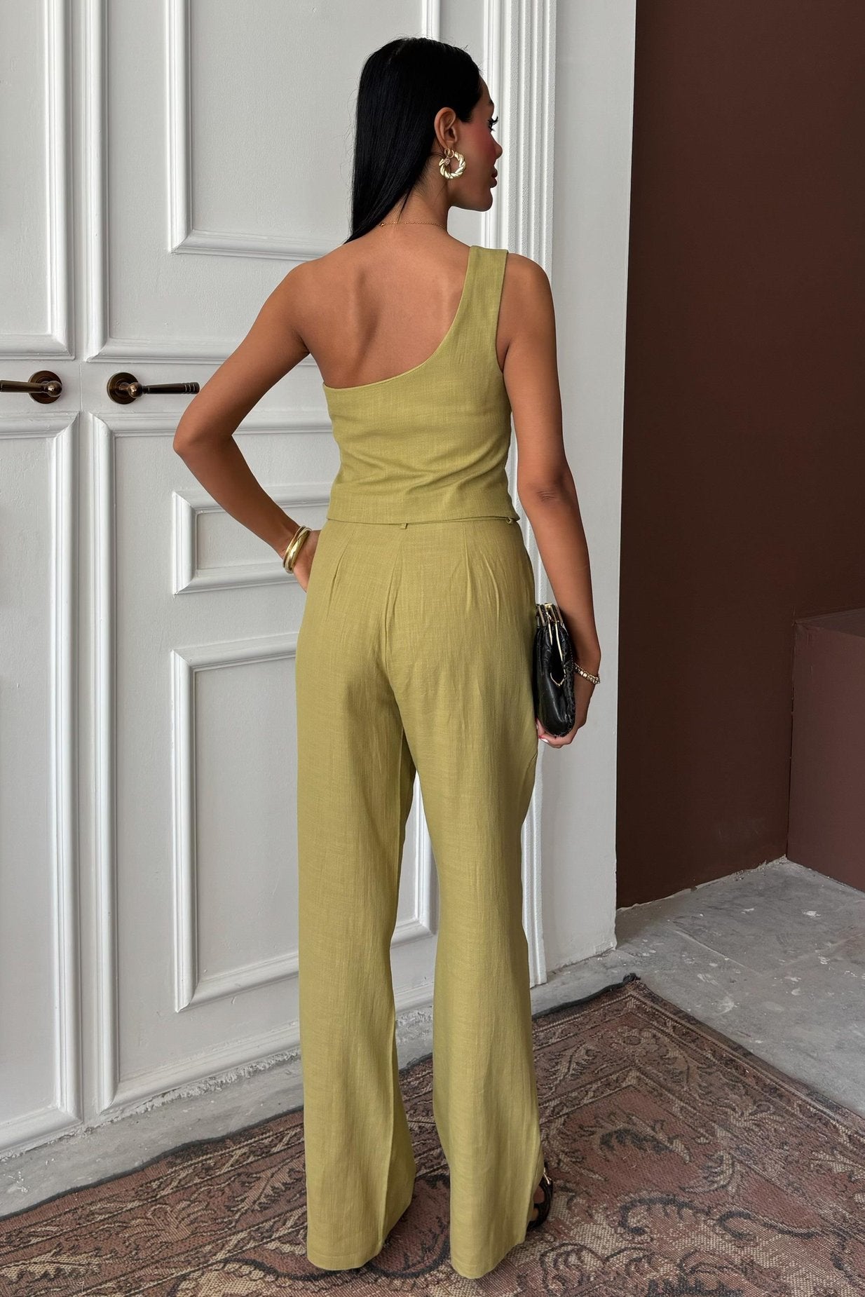 One Shoulder Bustier Plazzo Trousers Viscose Suit Green