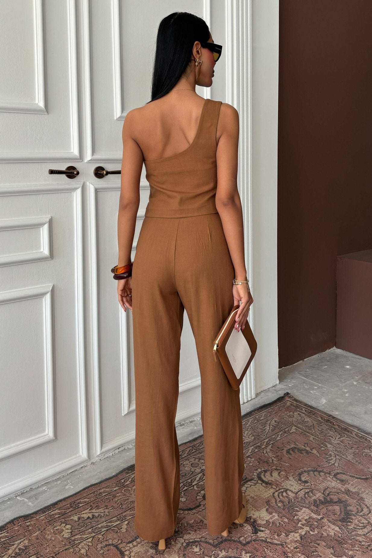One Shoulder Bustier Plazzo Trousers Brown Viscose Suit