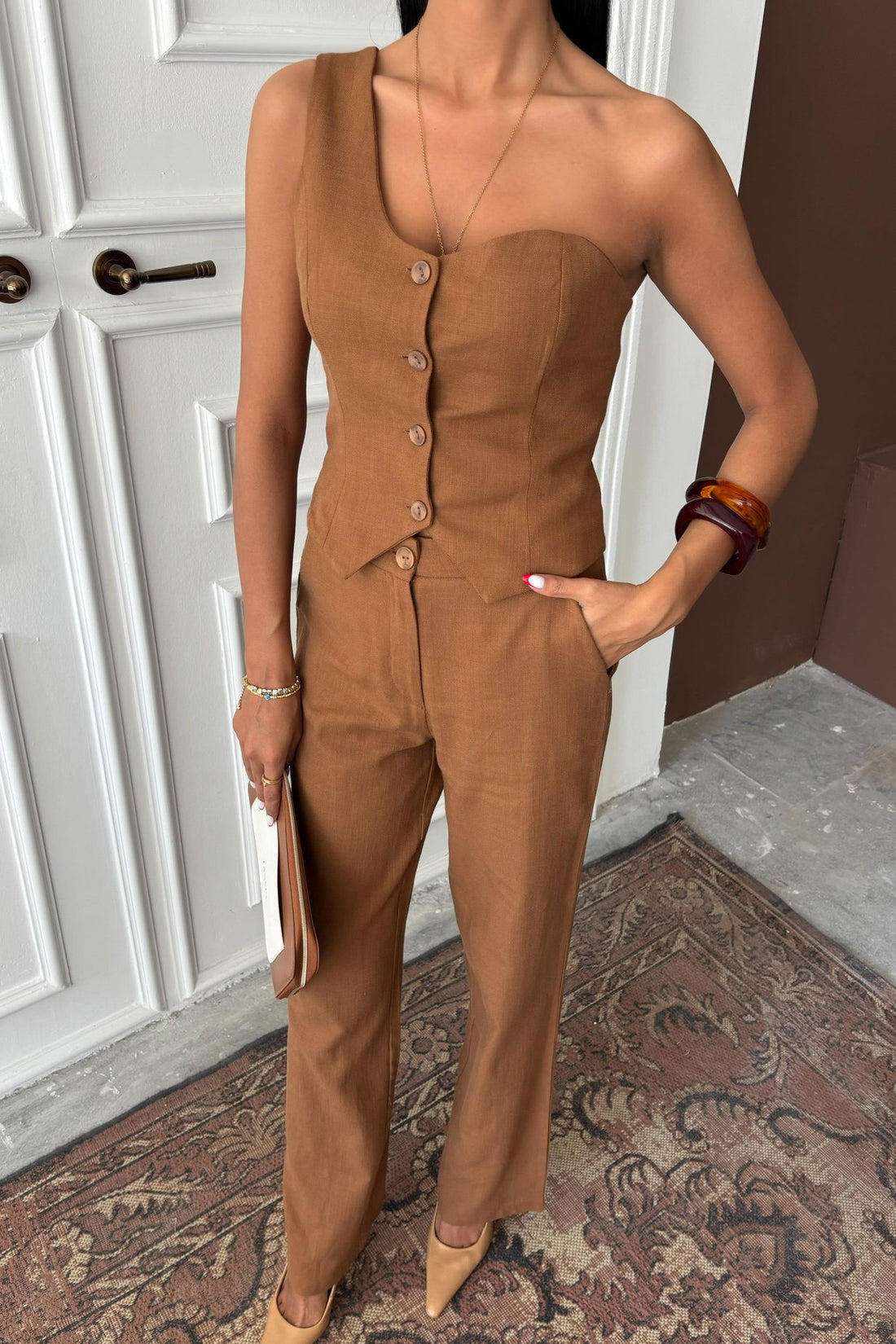 One Shoulder Bustier Plazzo Trousers Brown Viscose Suit
