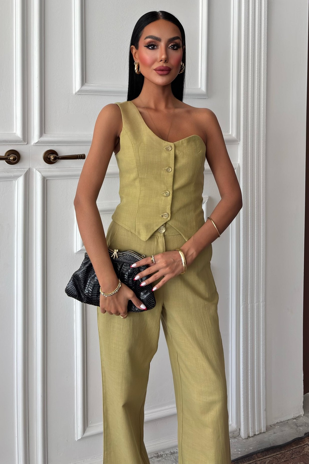 One Shoulder Bustier Plazzo Trousers Viscose Suit Green