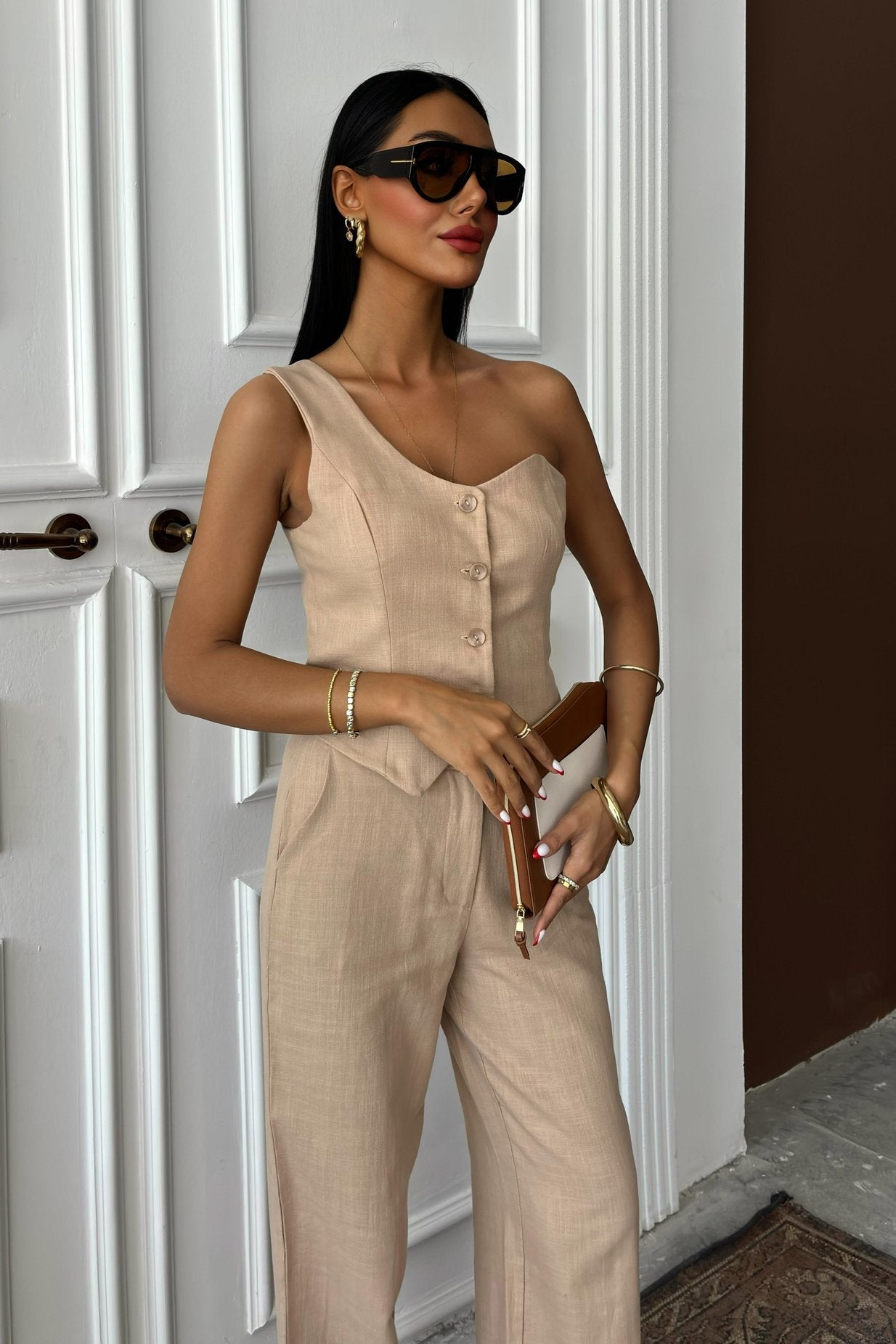 One Shoulder Bustier Plazzo Trousers Viscose Suit Beige