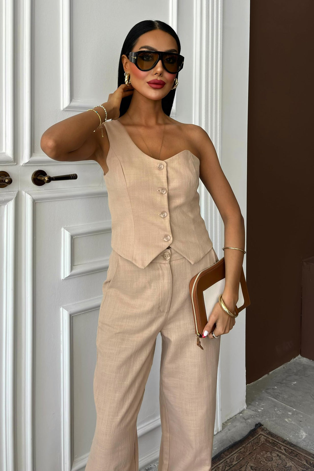 One Shoulder Bustier Plazzo Trousers Viscose Suit Beige