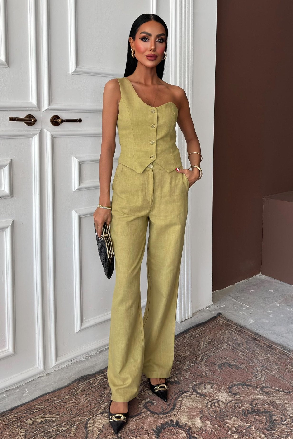 One Shoulder Bustier Plazzo Trousers Viscose Suit Green