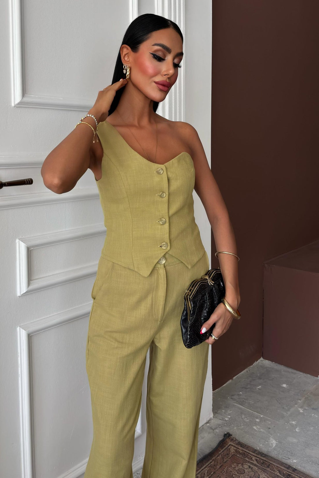 One Shoulder Bustier Plazzo Trousers Viscose Suit Green