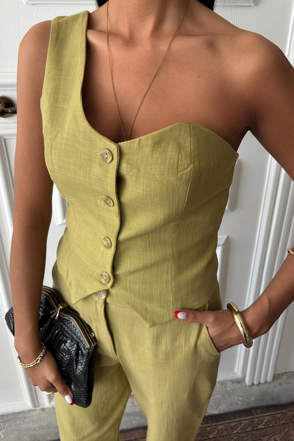 One Shoulder Bustier Plazzo Trousers Viscose Suit Green