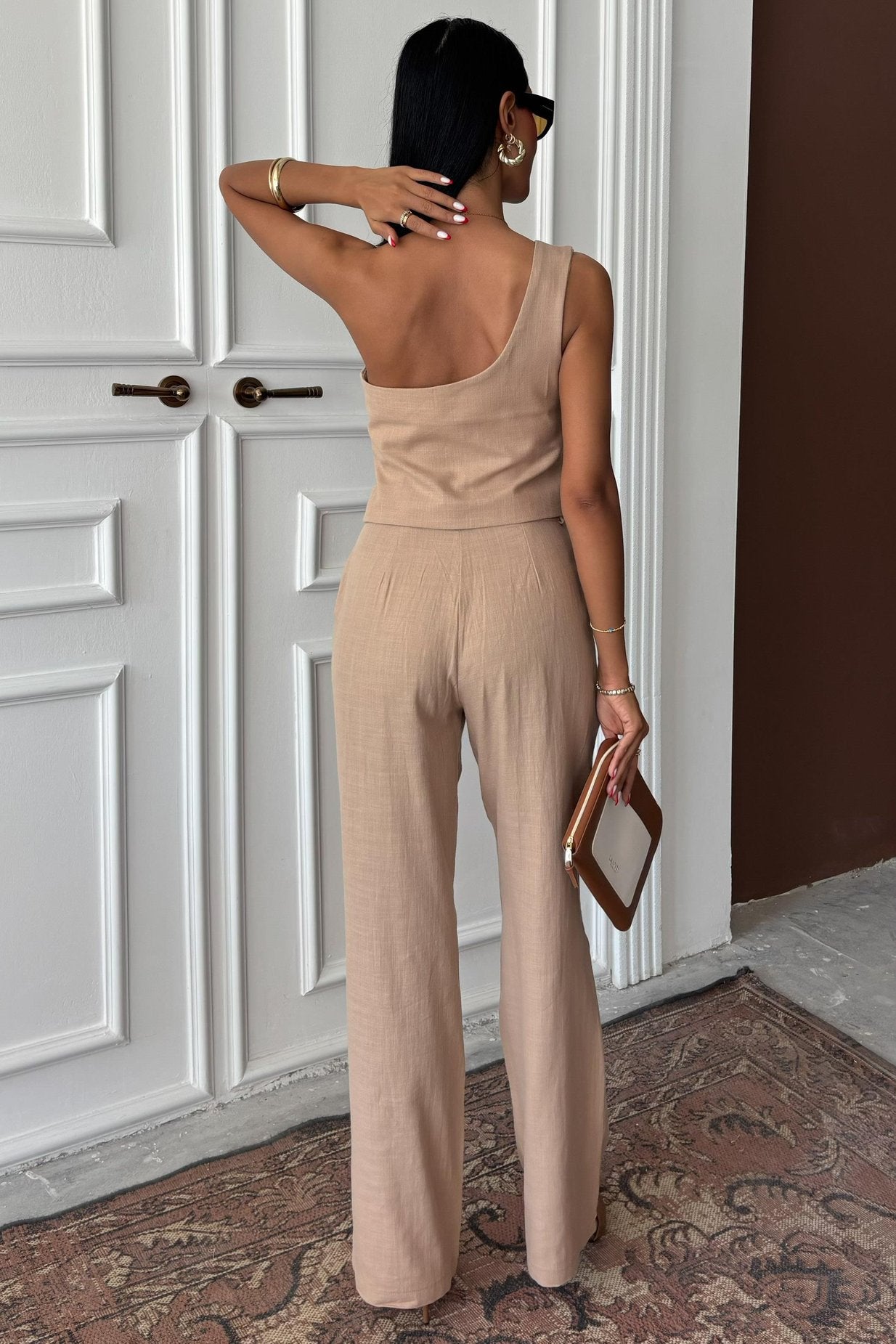 One Shoulder Bustier Plazzo Trousers Viscose Suit Beige