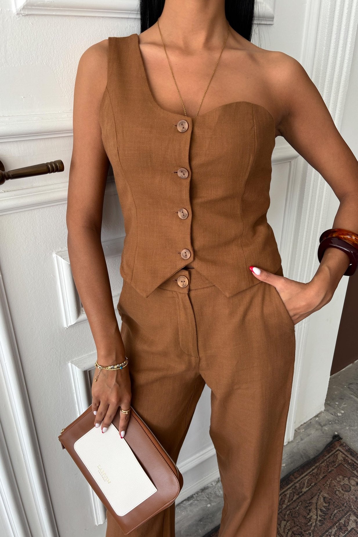 One Shoulder Bustier Plazzo Trousers Brown Viscose Suit