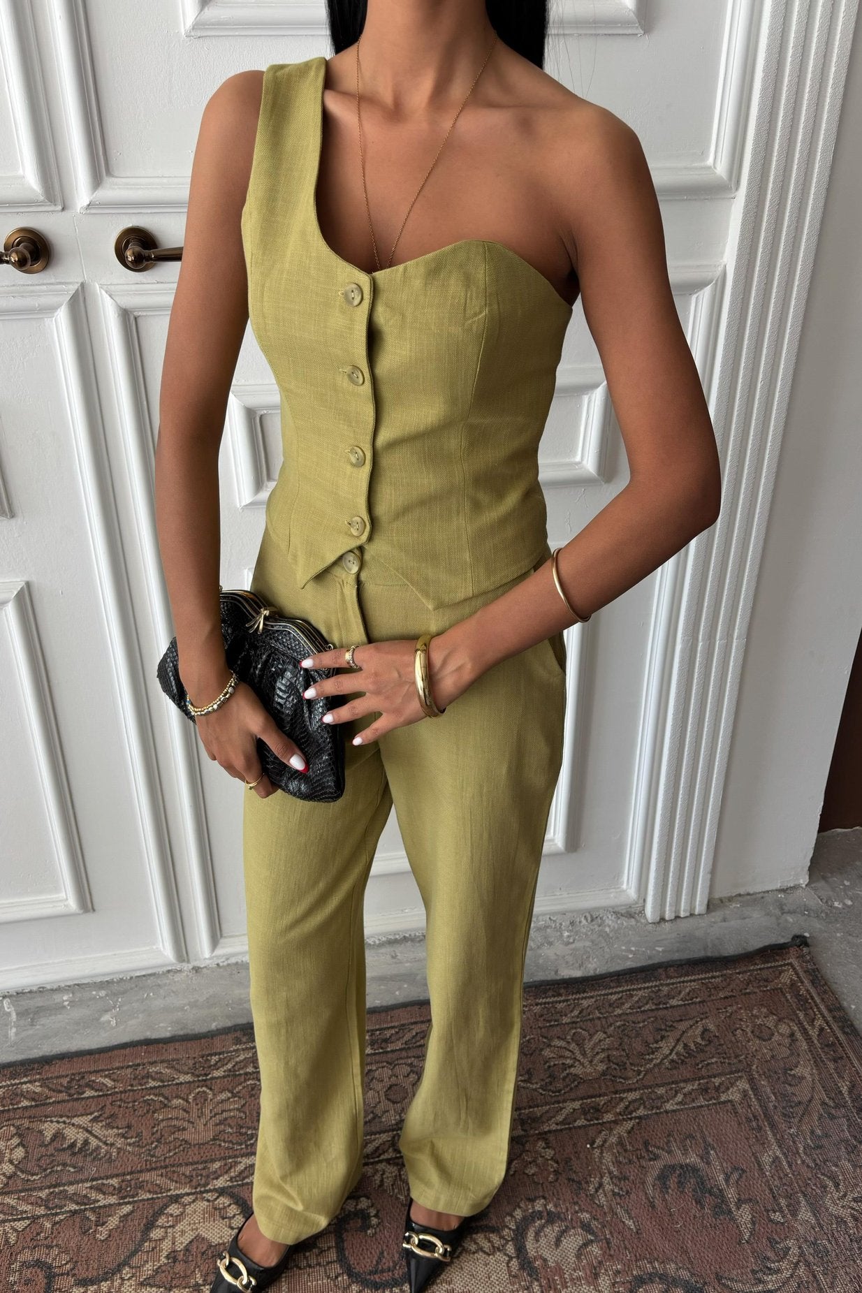 One Shoulder Bustier Plazzo Trousers Viscose Suit Green