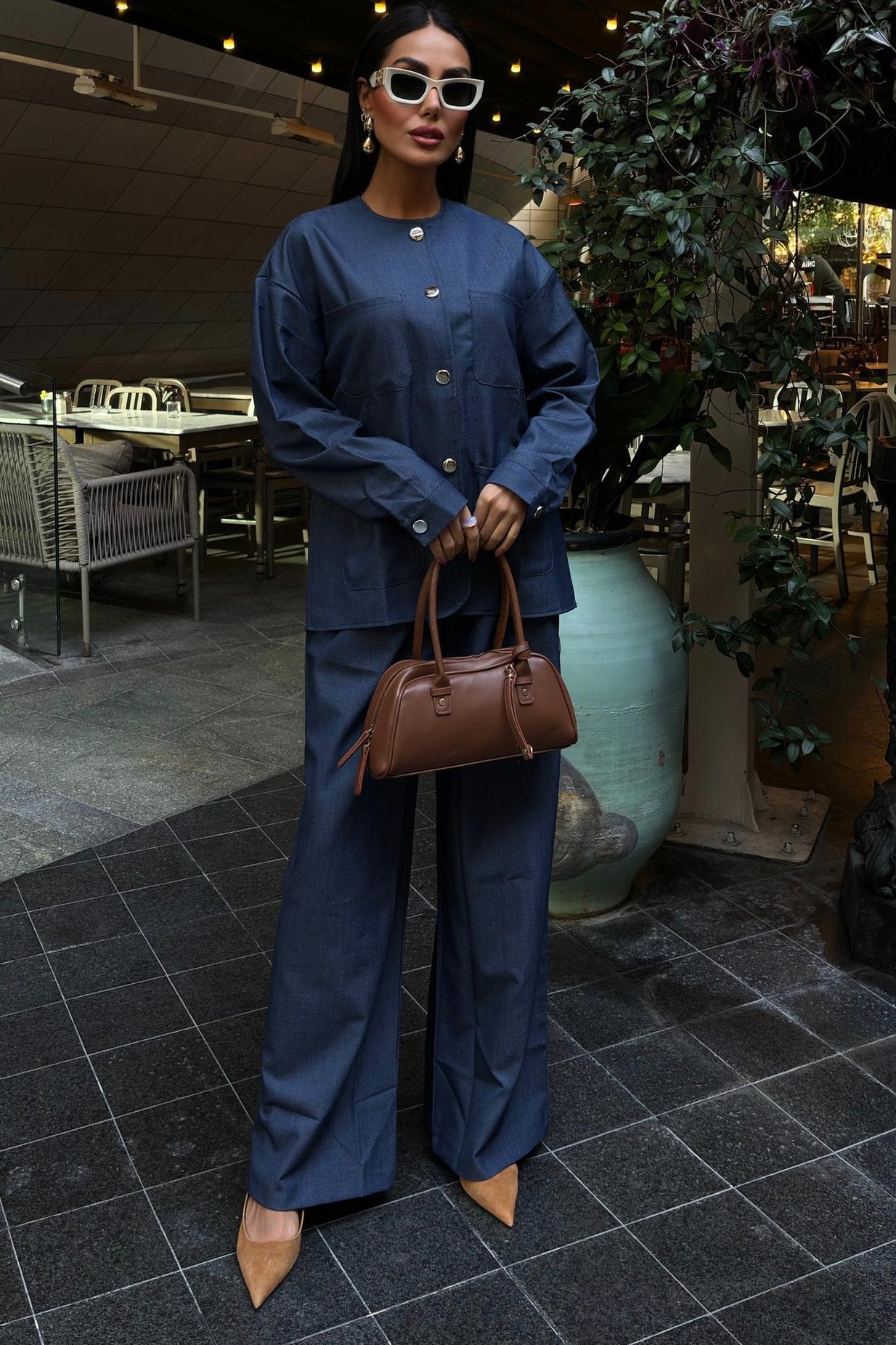 Tencel Suit with Bag Pocket Detail Palazzo Trousers