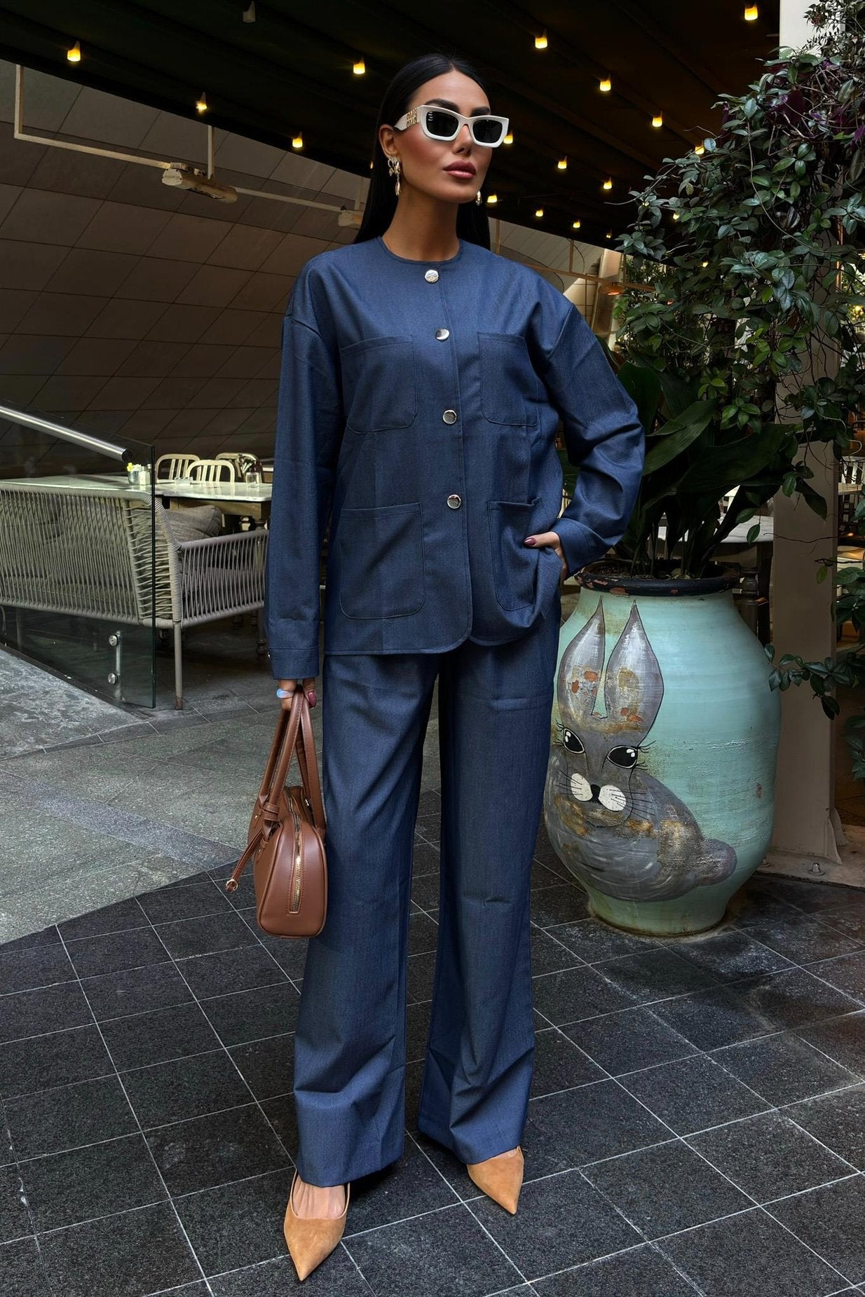 Tencel Suit with Bag Pocket Detail Palazzo Trousers