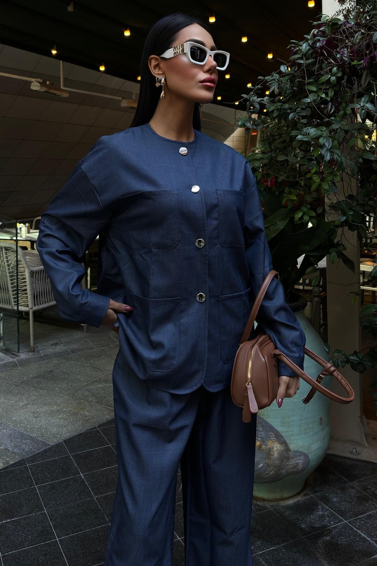 Tencel Suit with Bag Pocket Detail Palazzo Trousers