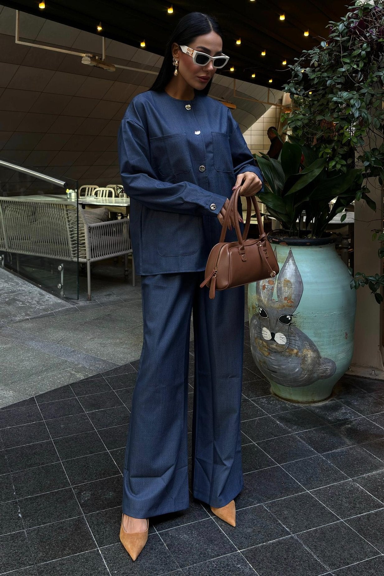 Tencel Suit with Bag Pocket Detail Palazzo Trousers