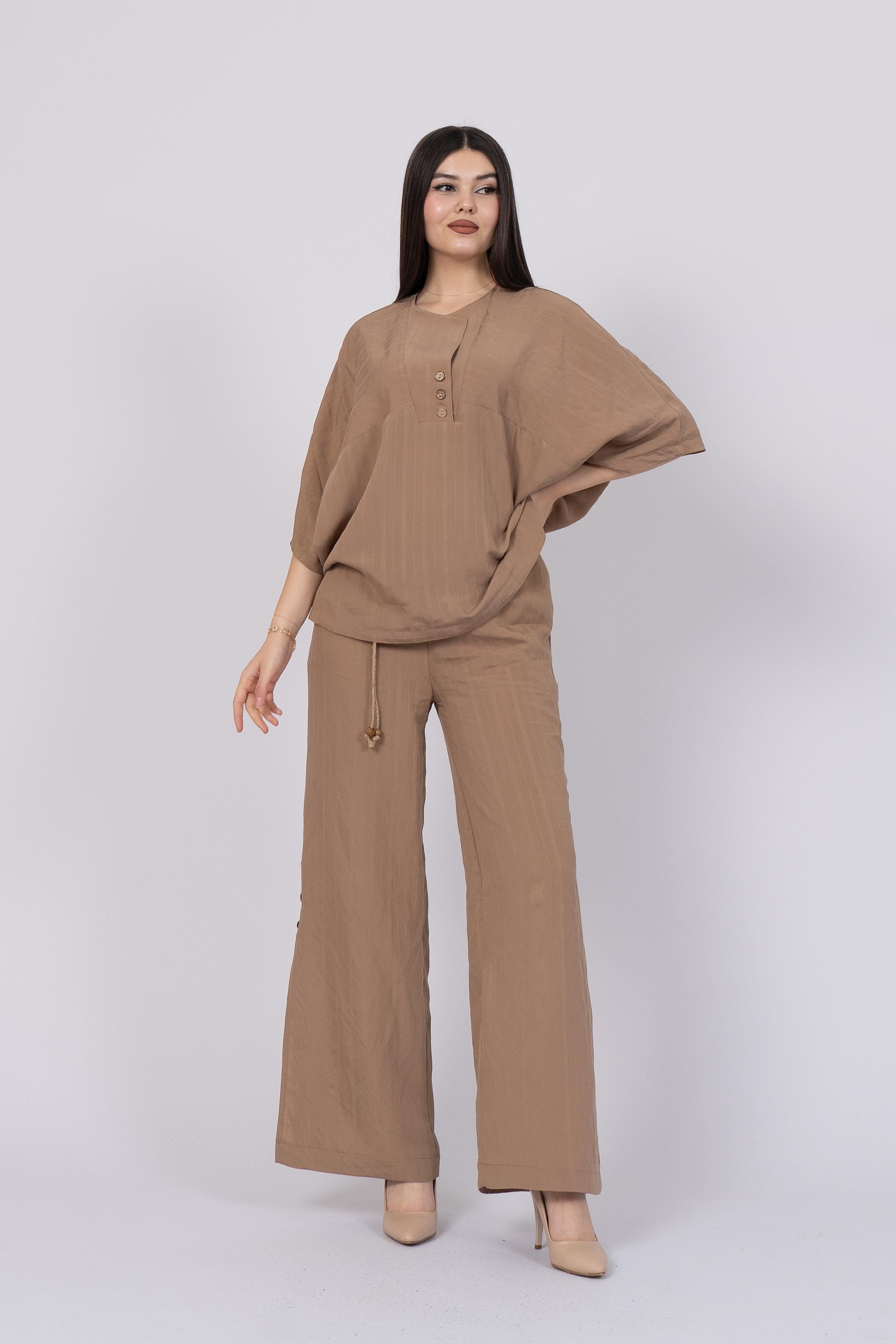 Brown Styli Model Top and Elastic Waist Side Button Detailed Trouser Set