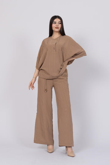 Brown Styli Model Top and Elastic Waist Side Button Detailed Trouser Set