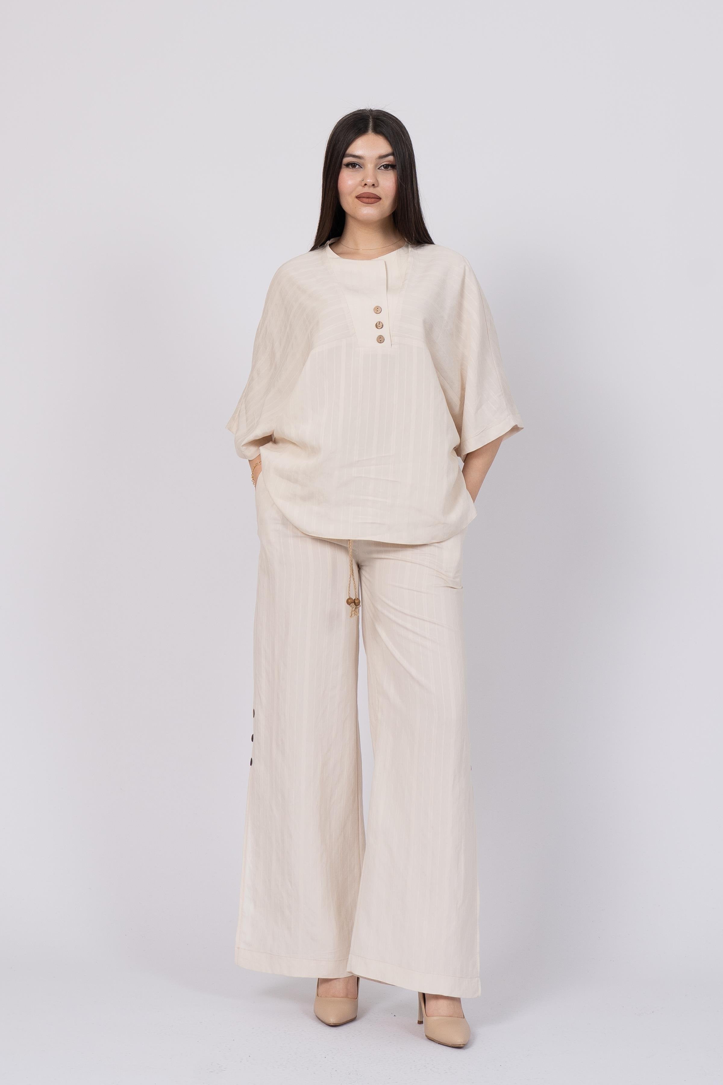 Cream Styli Model Top and Elastic Waist Side Button Detailed Trouser Set