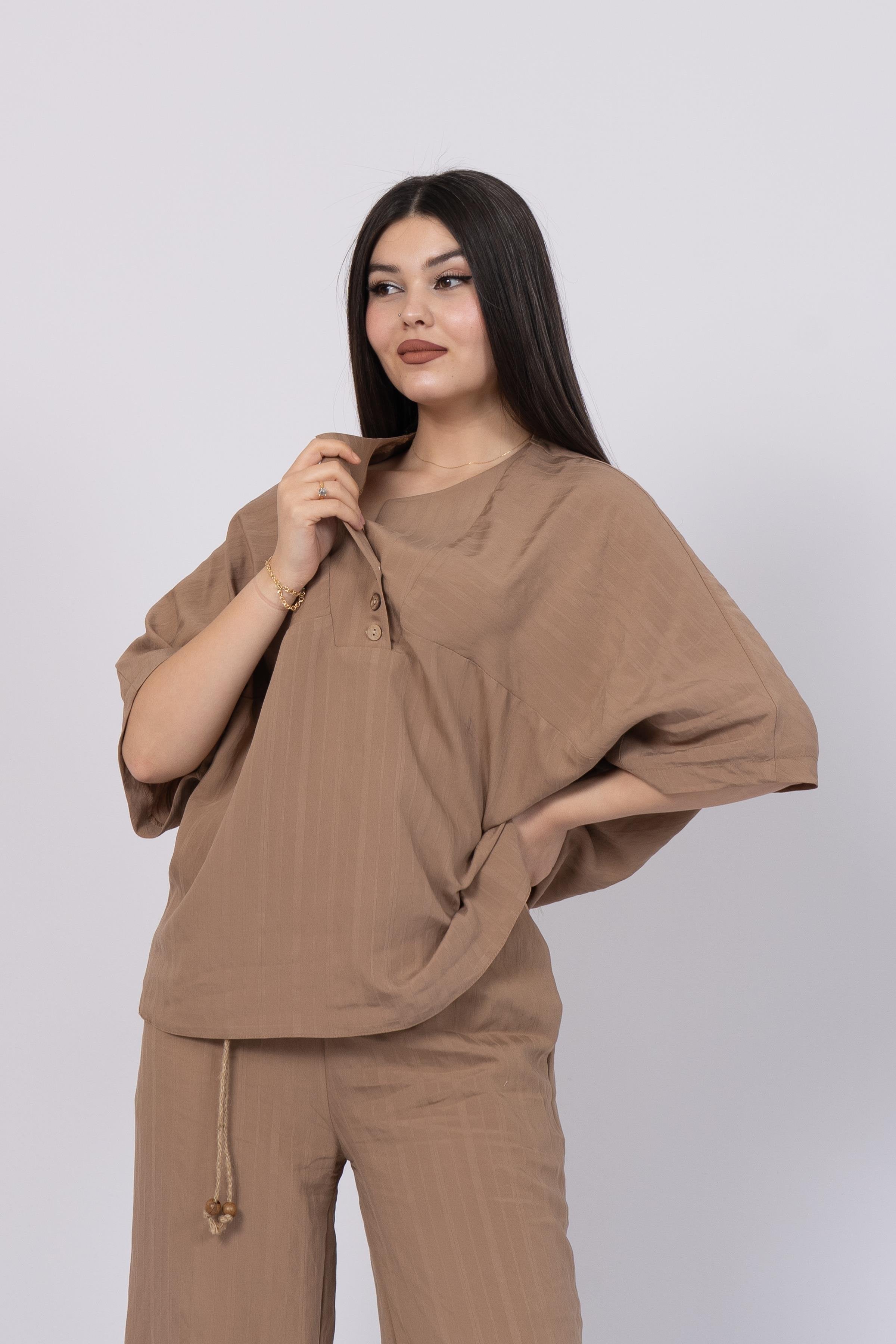 Brown Styli Model Top and Elastic Waist Side Button Detailed Trouser Set