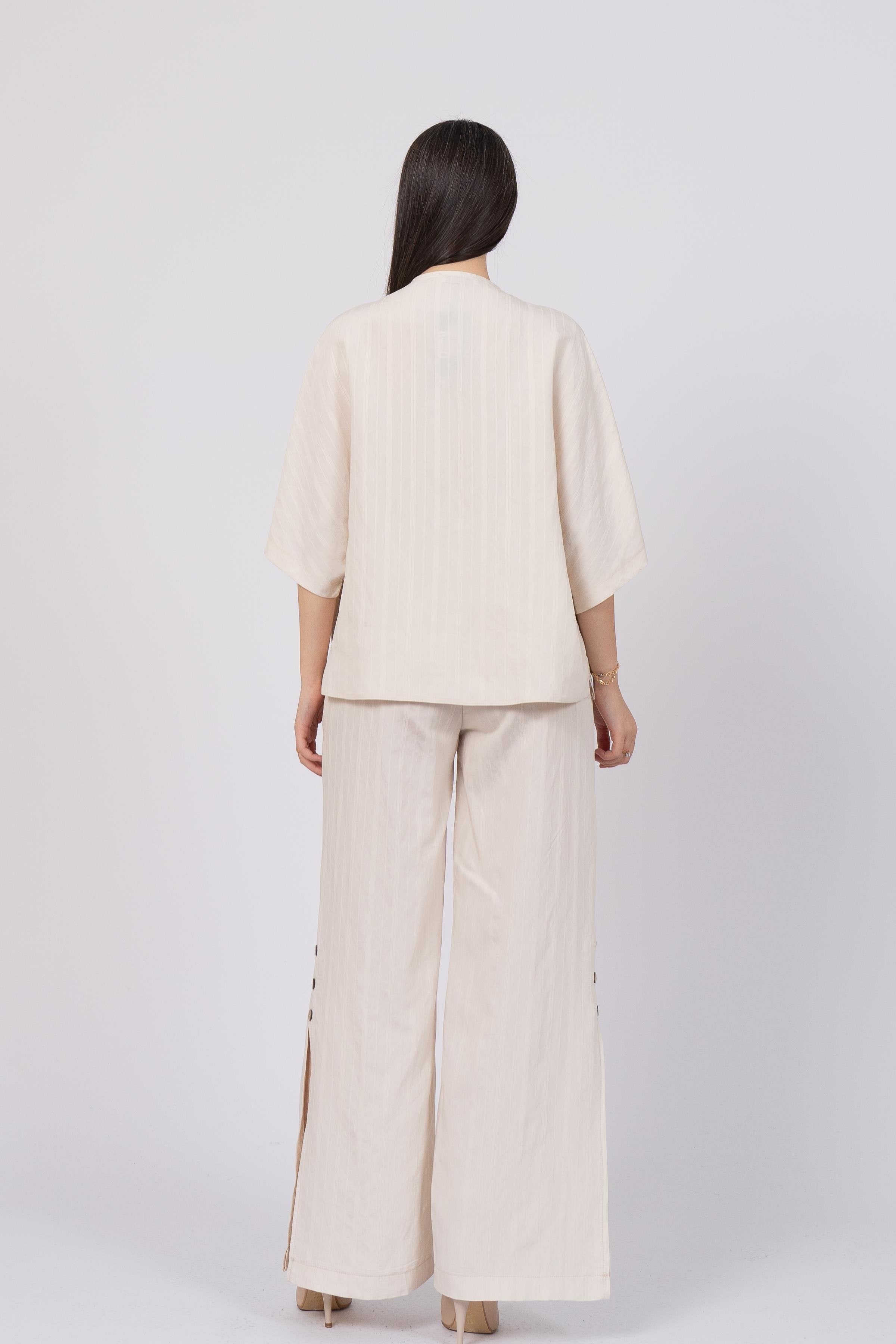 Cream Styli Model Top and Elastic Waist Side Button Detailed Trouser Set