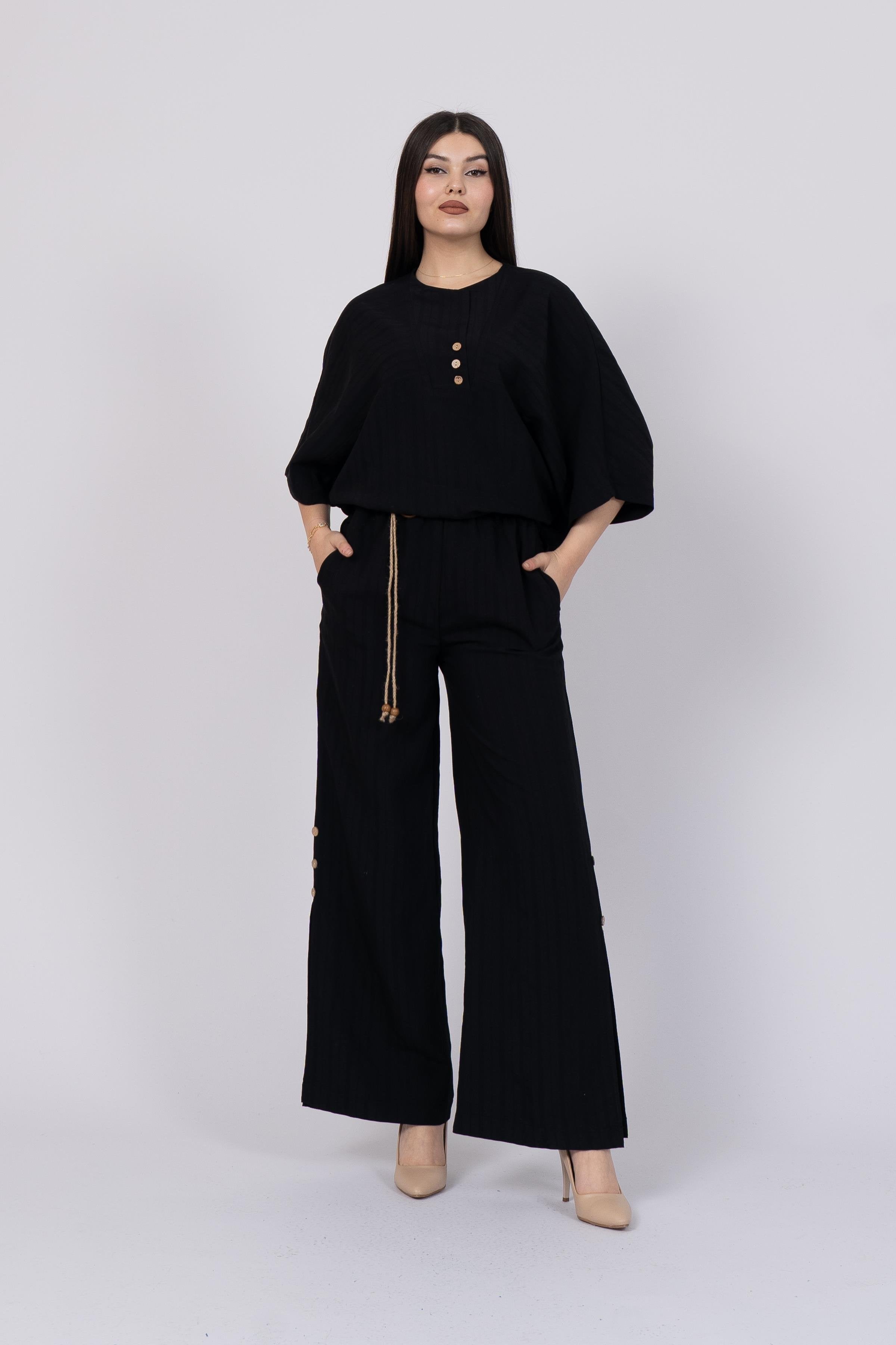 Black Styli Model Top and Elastic Waist Side Button Detailed Trouser Set