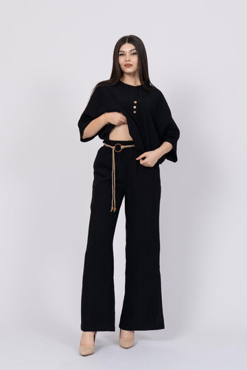 Black Styli Model Top and Elastic Waist Side Button Detailed Trouser Set