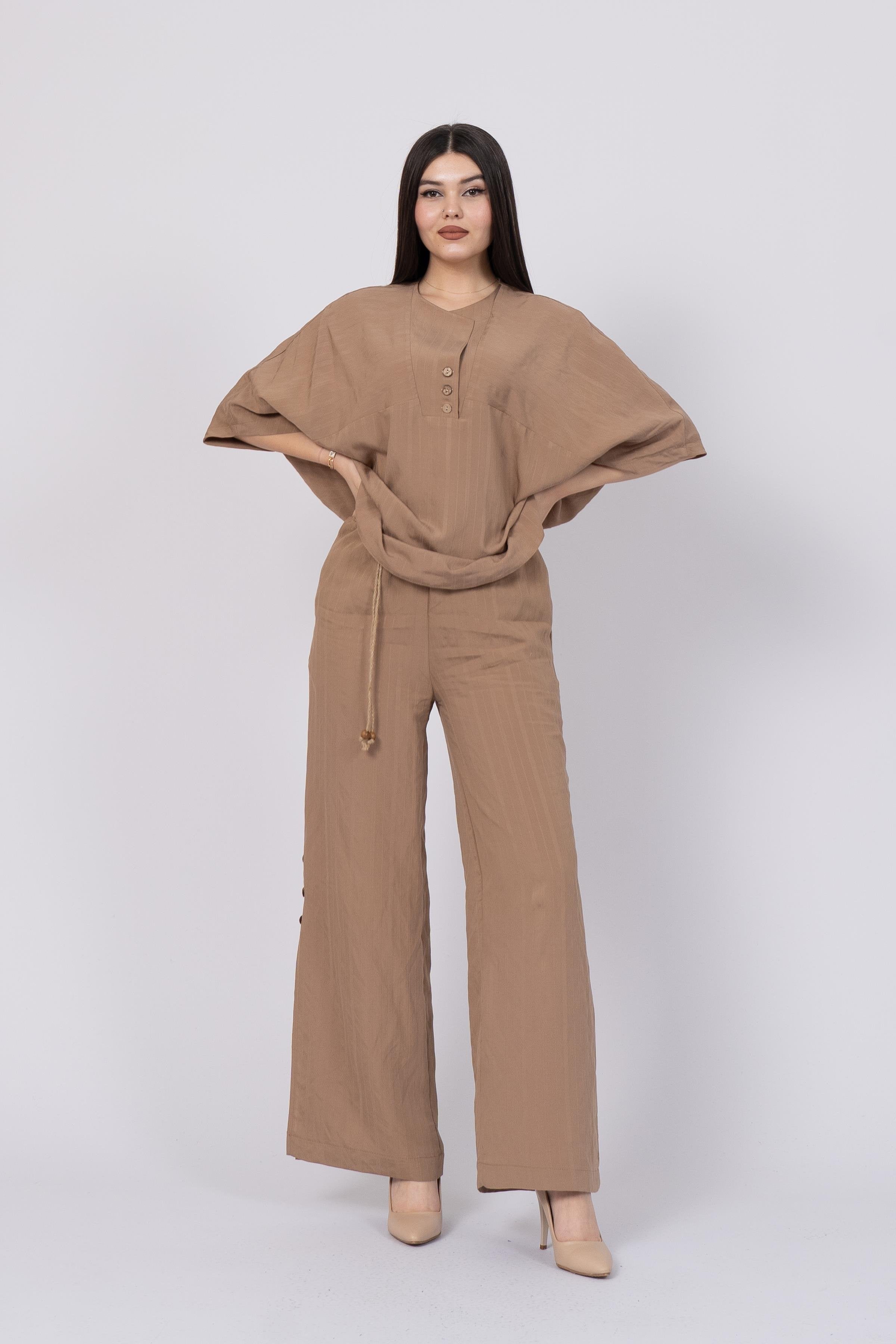 Brown Styli Model Top and Elastic Waist Side Button Detailed Trouser Set
