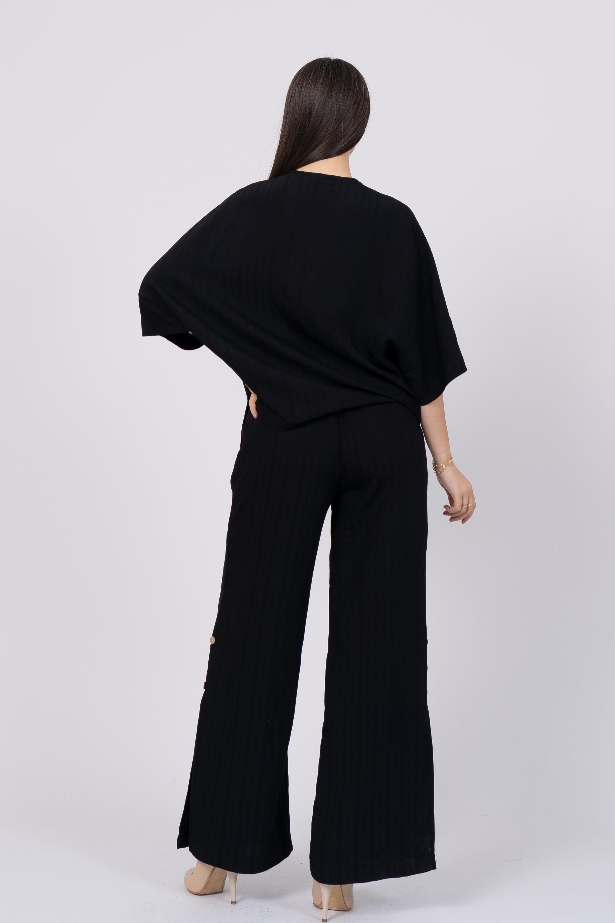Black Styli Model Top and Elastic Waist Side Button Detailed Trouser Set